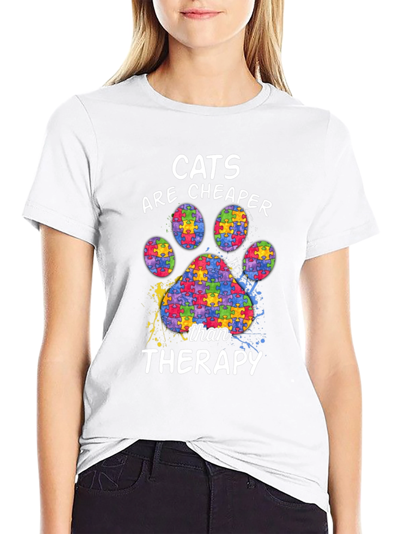 Black Cats are Cheaper Therapy Autism Awareness Puzzle Paw Print T-Shirt view 9