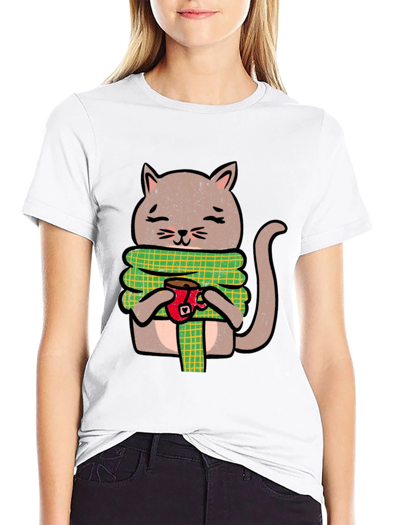 Black Cozy Cat Coffee T-Shirt - Cute Cartoon Tee view 9