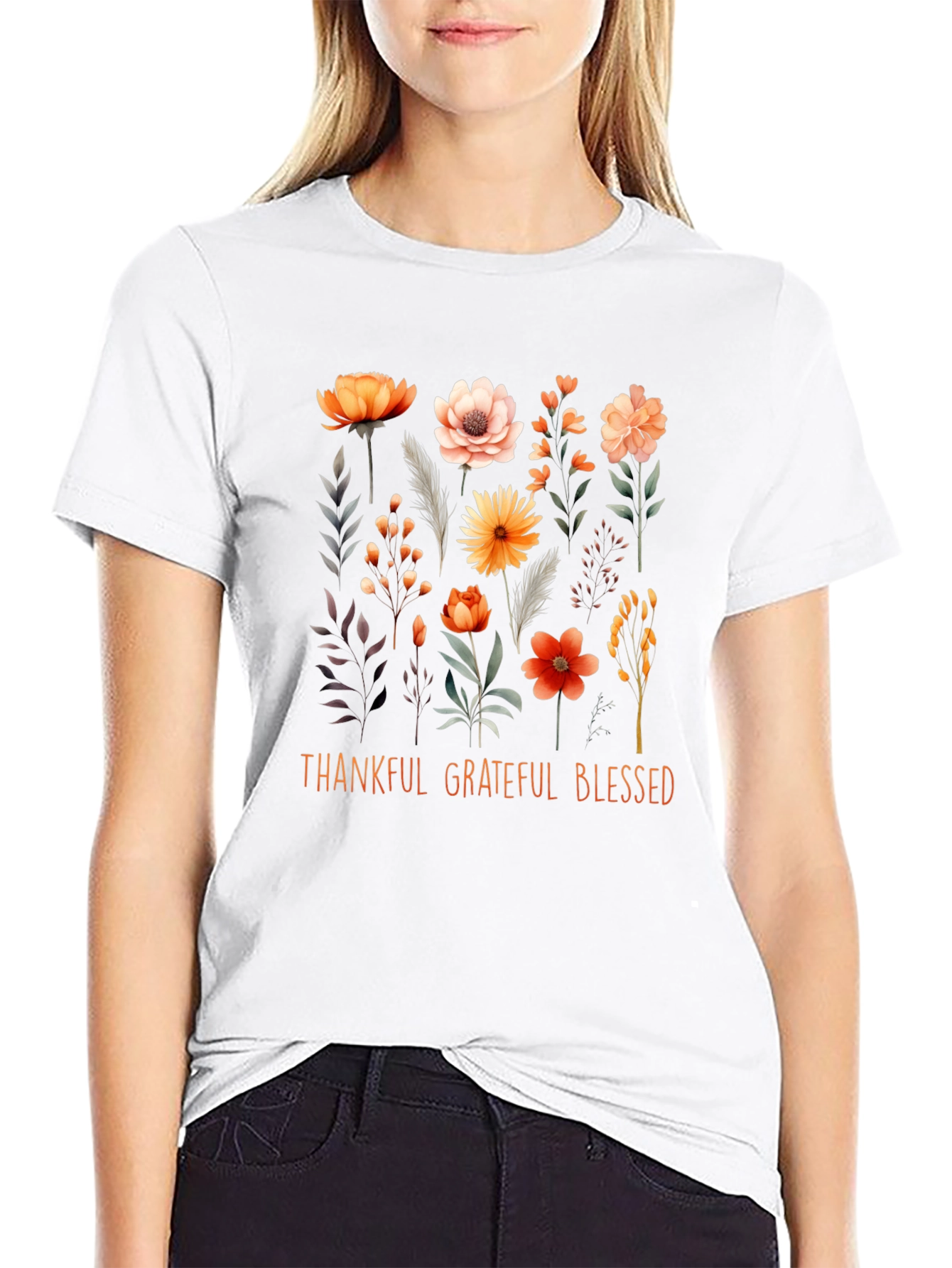 Black Thankful Grateful Blessed Floral T-Shirt view 9