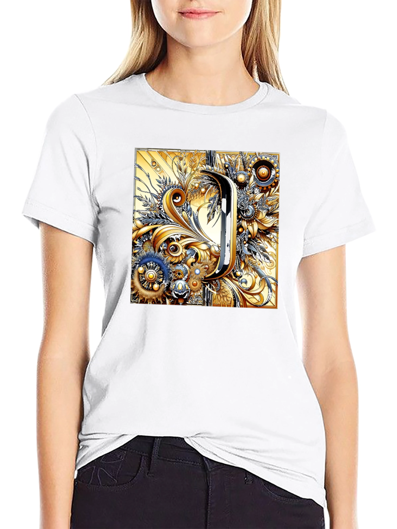 Black Steampunk Letter J T-Shirt - Ornate Floral Design view 9