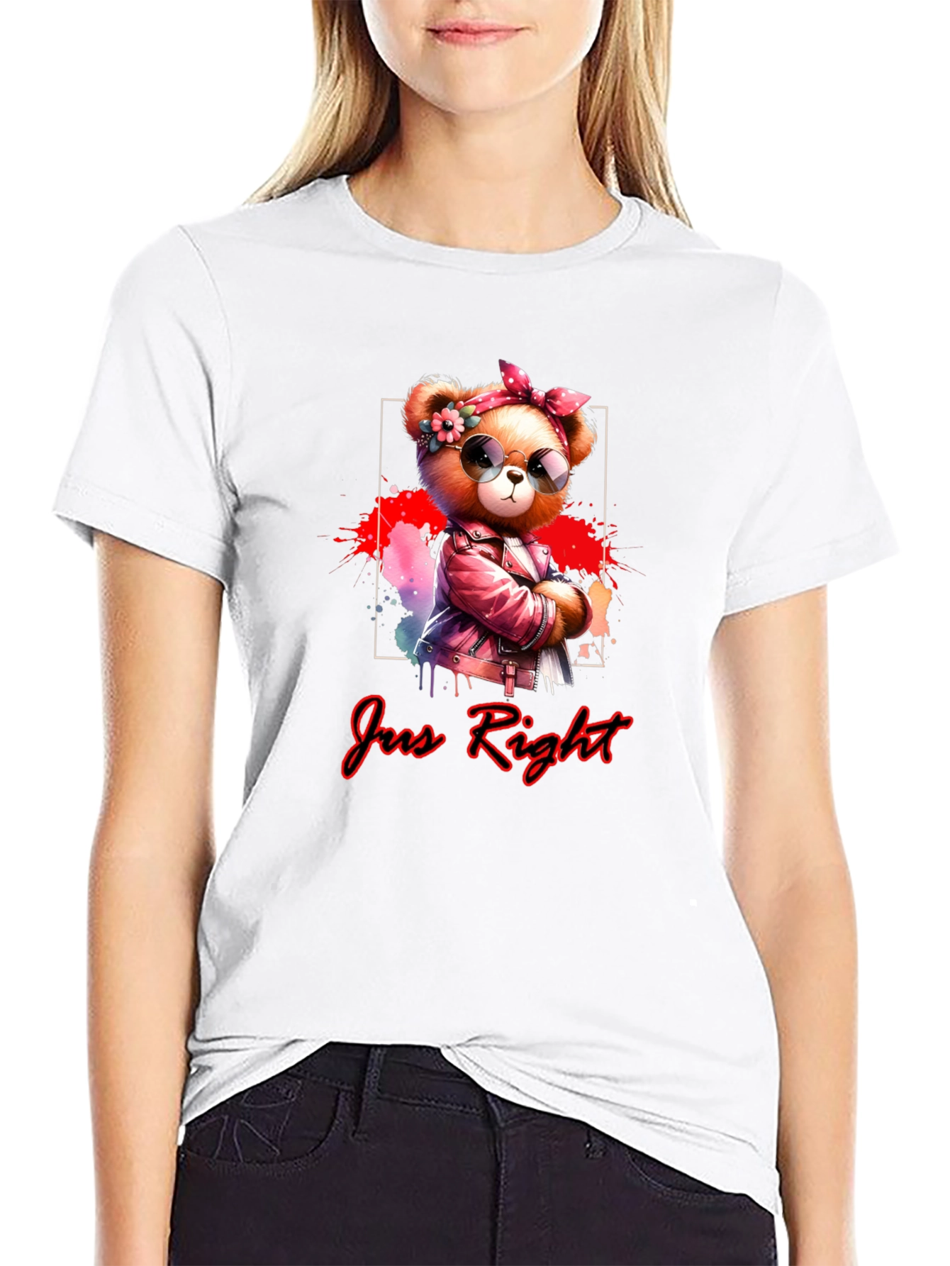 Black Trendy Teddy Bear Graphic Tee - "Jus Right" Black T-Shirt view 9