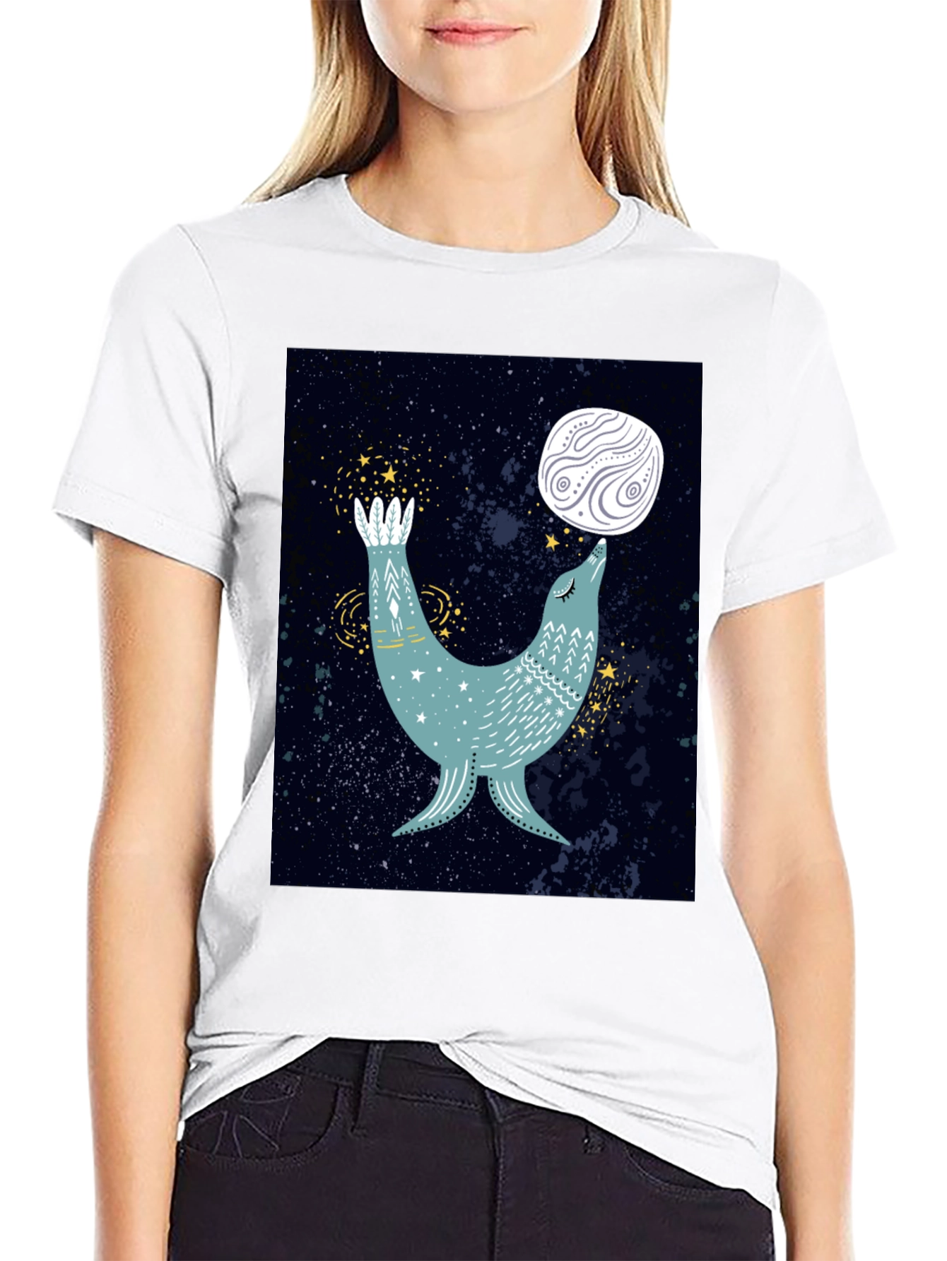 Black Cosmic Seal T-Shirt - Celestial Animal Design view 9