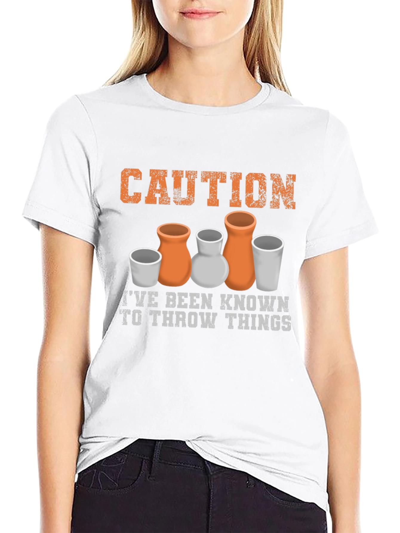 Black Caution I Throw Things Pottery T-Shirt view 9