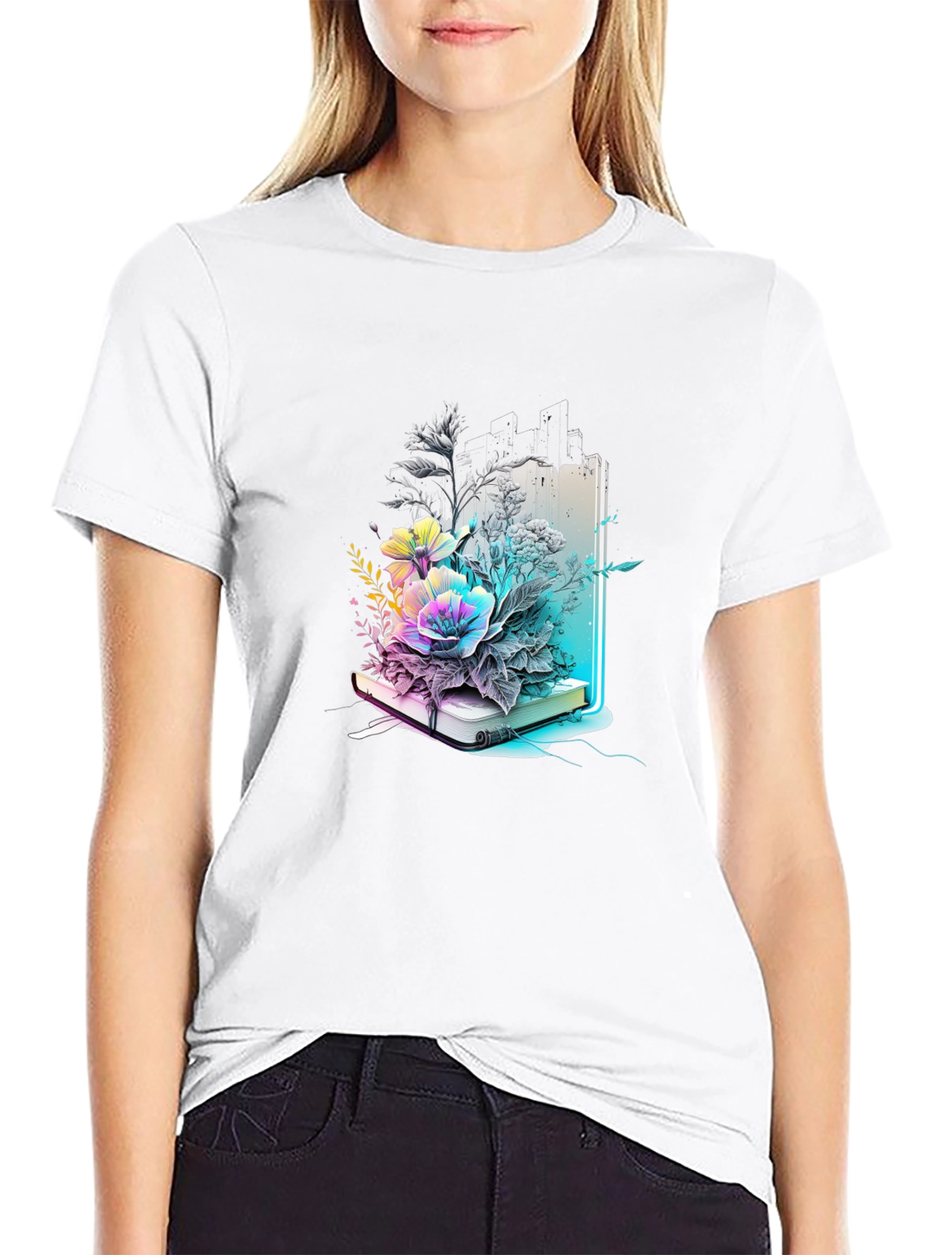Black Floral Bookworm Tee - Artistic Graphic T-Shirt view 9