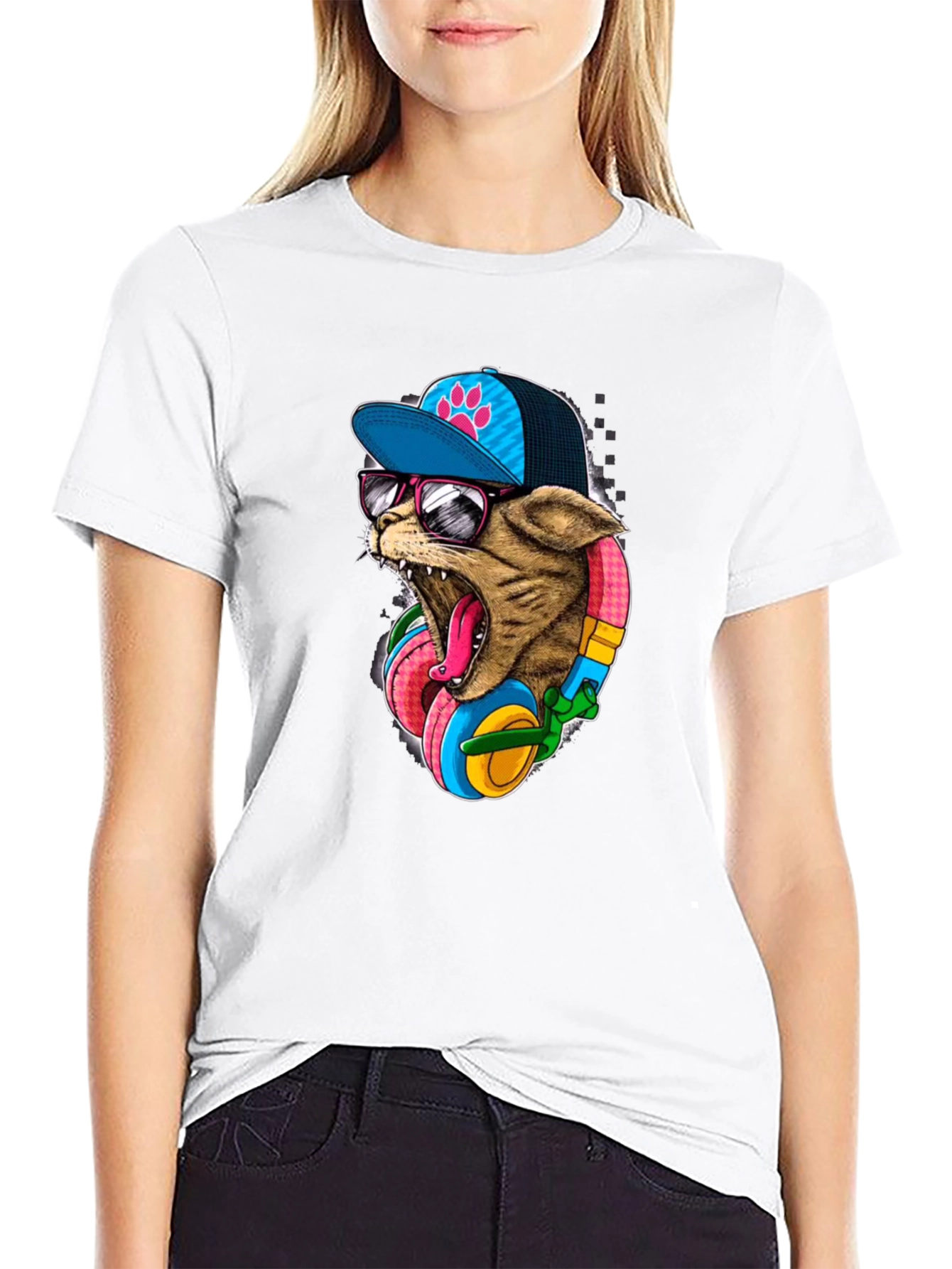 Black Cool Cat T-Shirt: Cat Wearing Headphones & Cap view 9