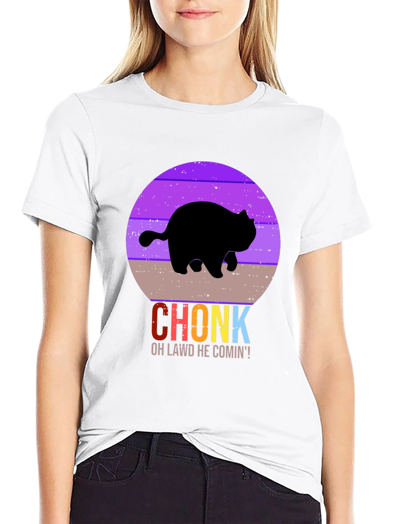 Black Chonk Cat T-Shirt - Oh Lawd He Comin'! view 9