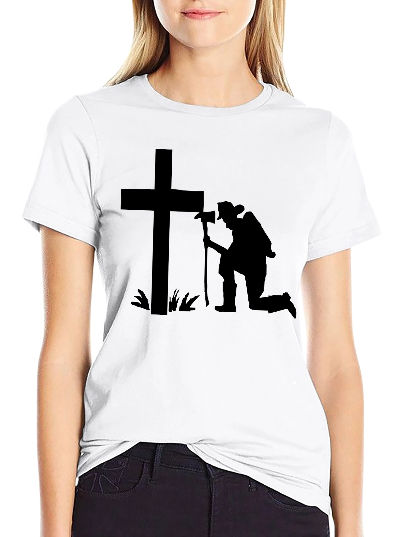 Black Kneeling Firefighter Cross T-Shirt view 9