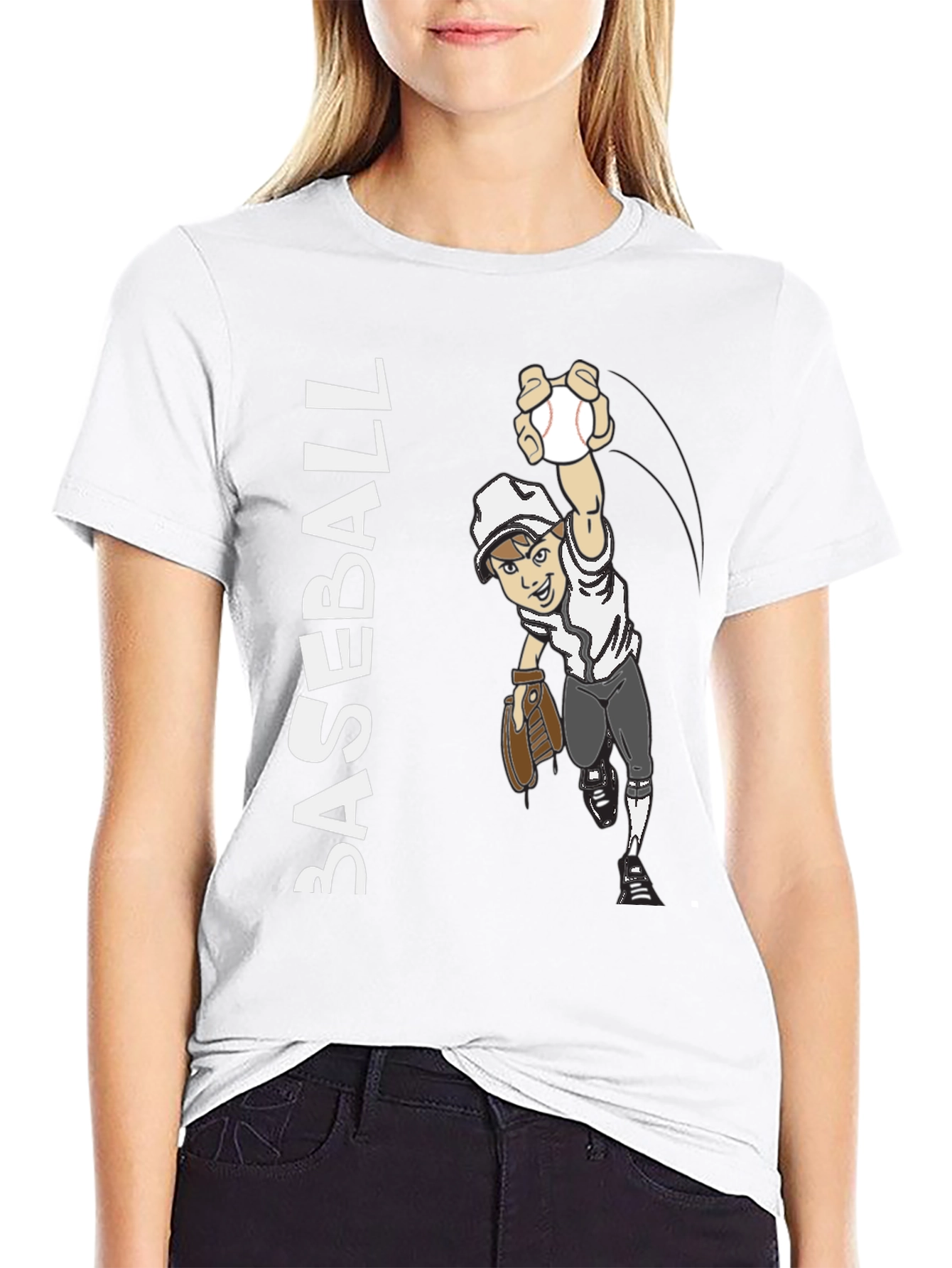 Black Cartoon Baseball Player Graphic Tee - Black Cotton Blend view 9