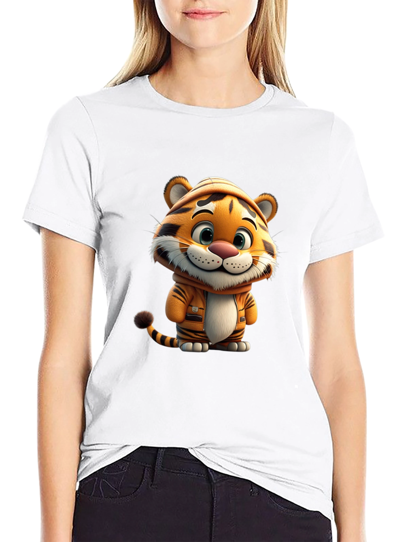 Black Cute Cartoon Tiger Black T-Shirt view 9