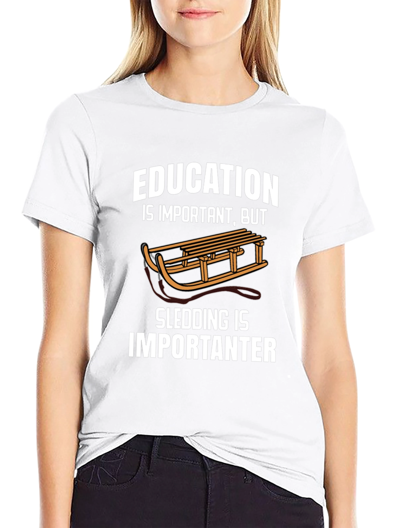 Black Funny Sledding T-Shirt: Education vs. Sledding view 9