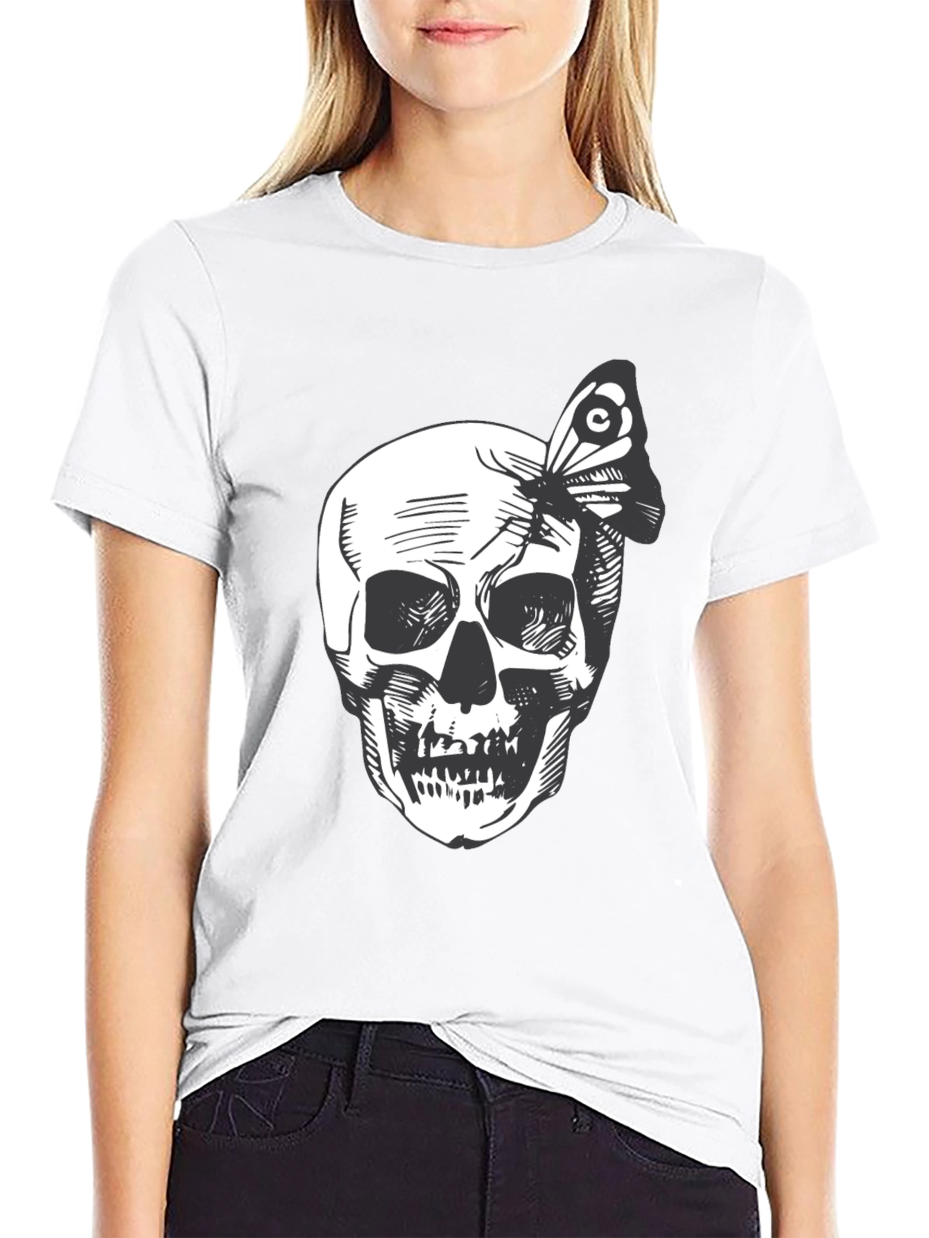 Black Skull and Butterfly Graphic Tee - Black Cotton view 9