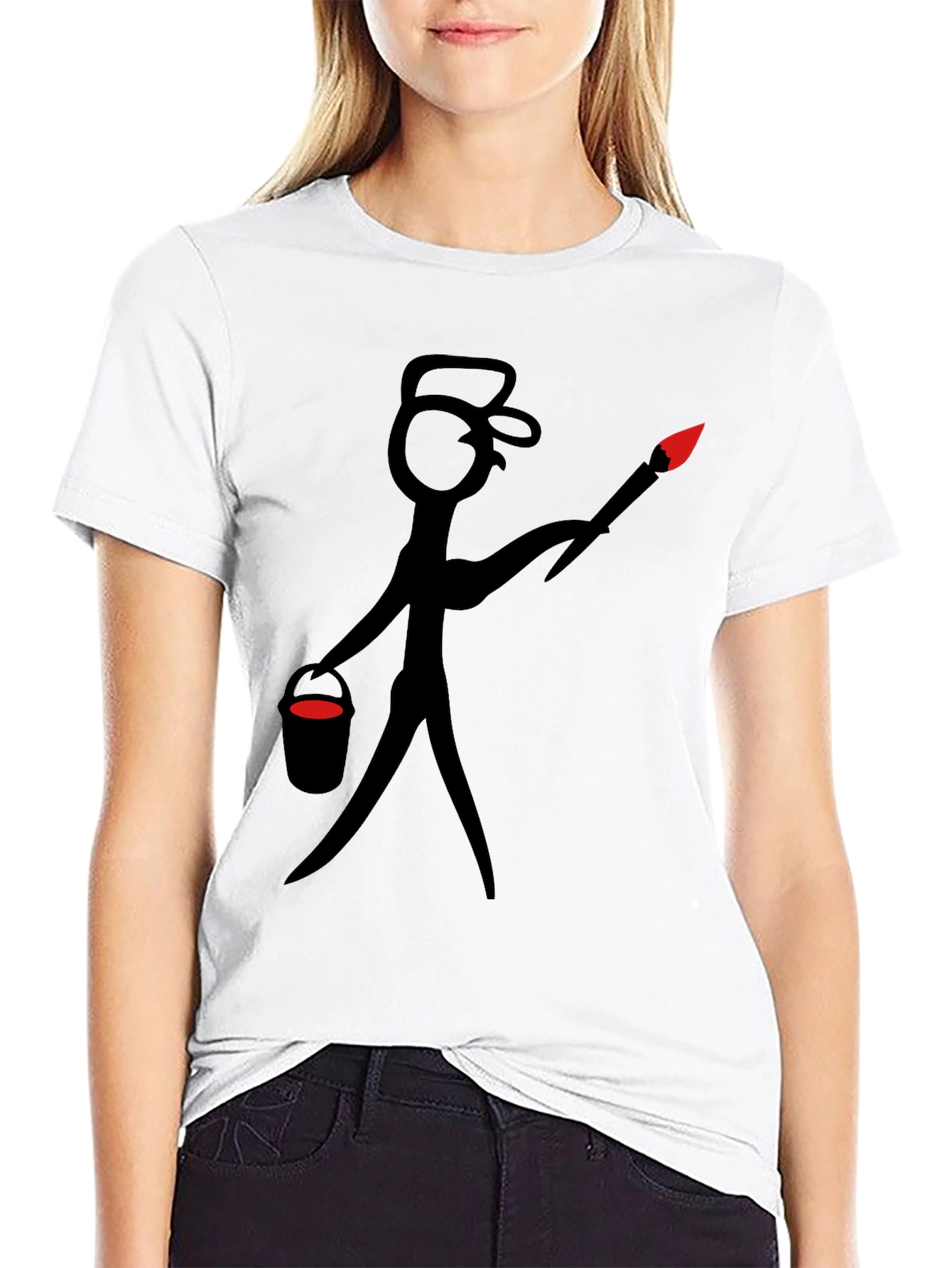 Black Painter Stick Figure Graphic Tee - Black Cotton Casual Wear view 9