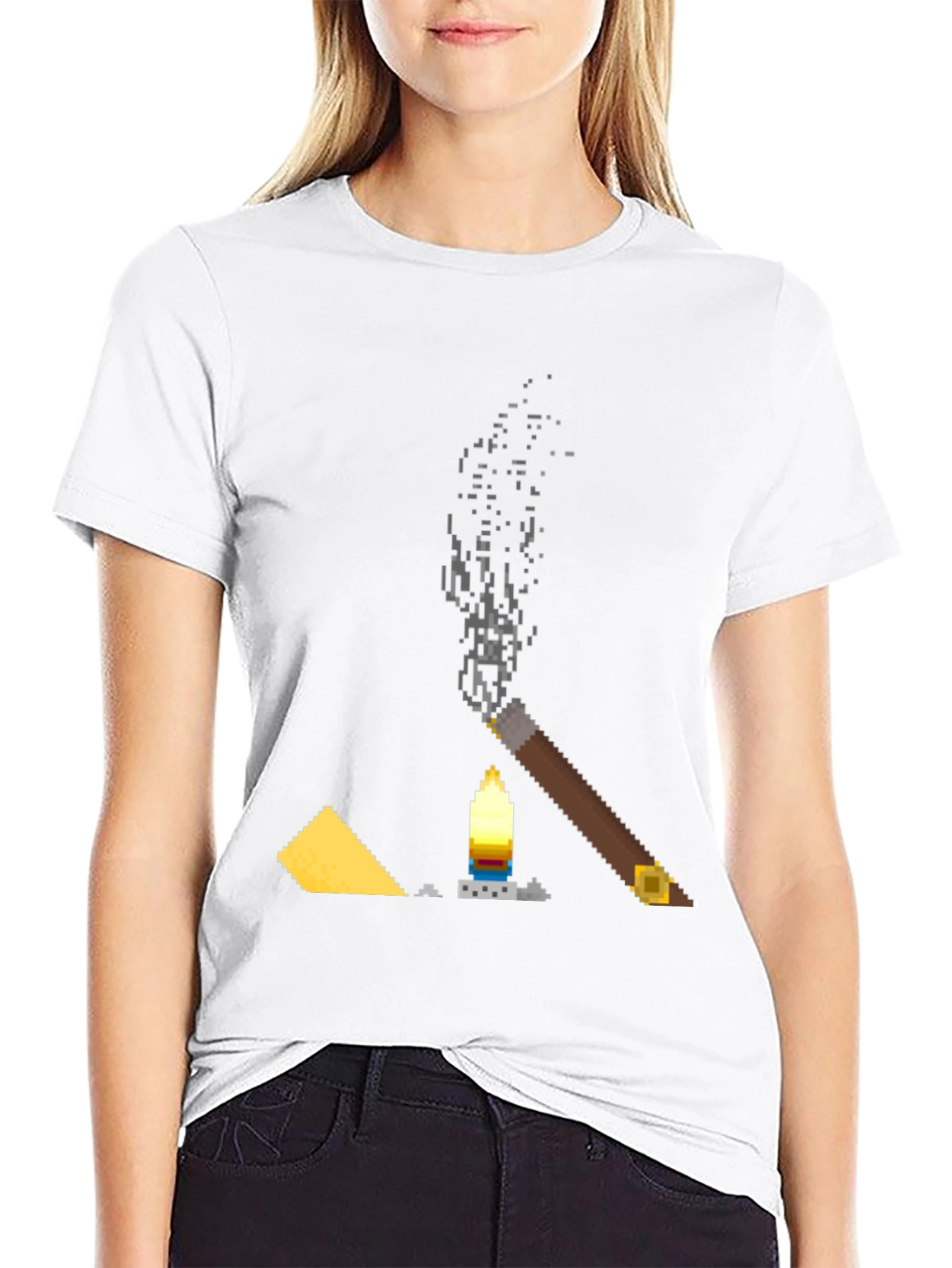 Pixel Art Cigar & Candle Graphic T-Shirt - 9