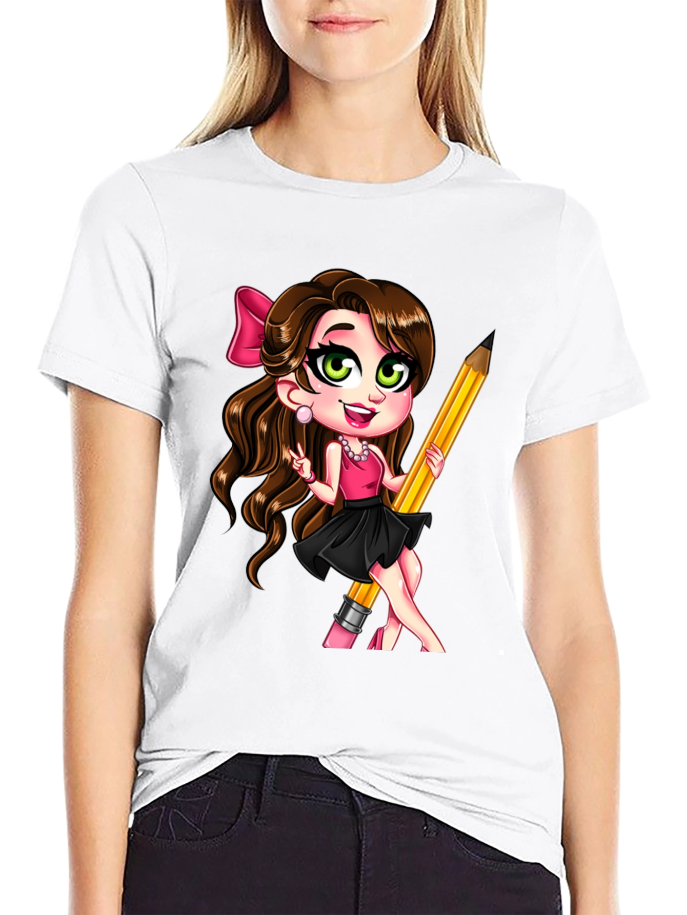 Black Fun Cartoon Girl with Pencil Black T-Shirt view 9