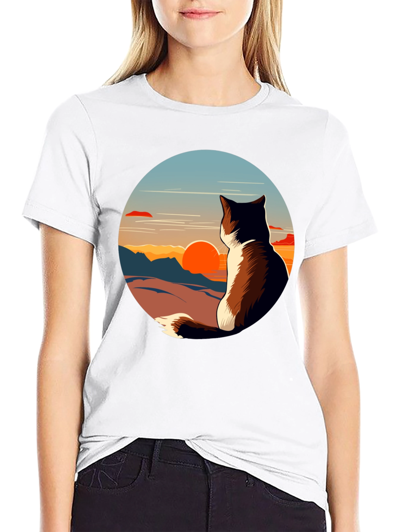 Black Sunset Cat Graphic Tee - Unisex Black T-Shirt view 9
