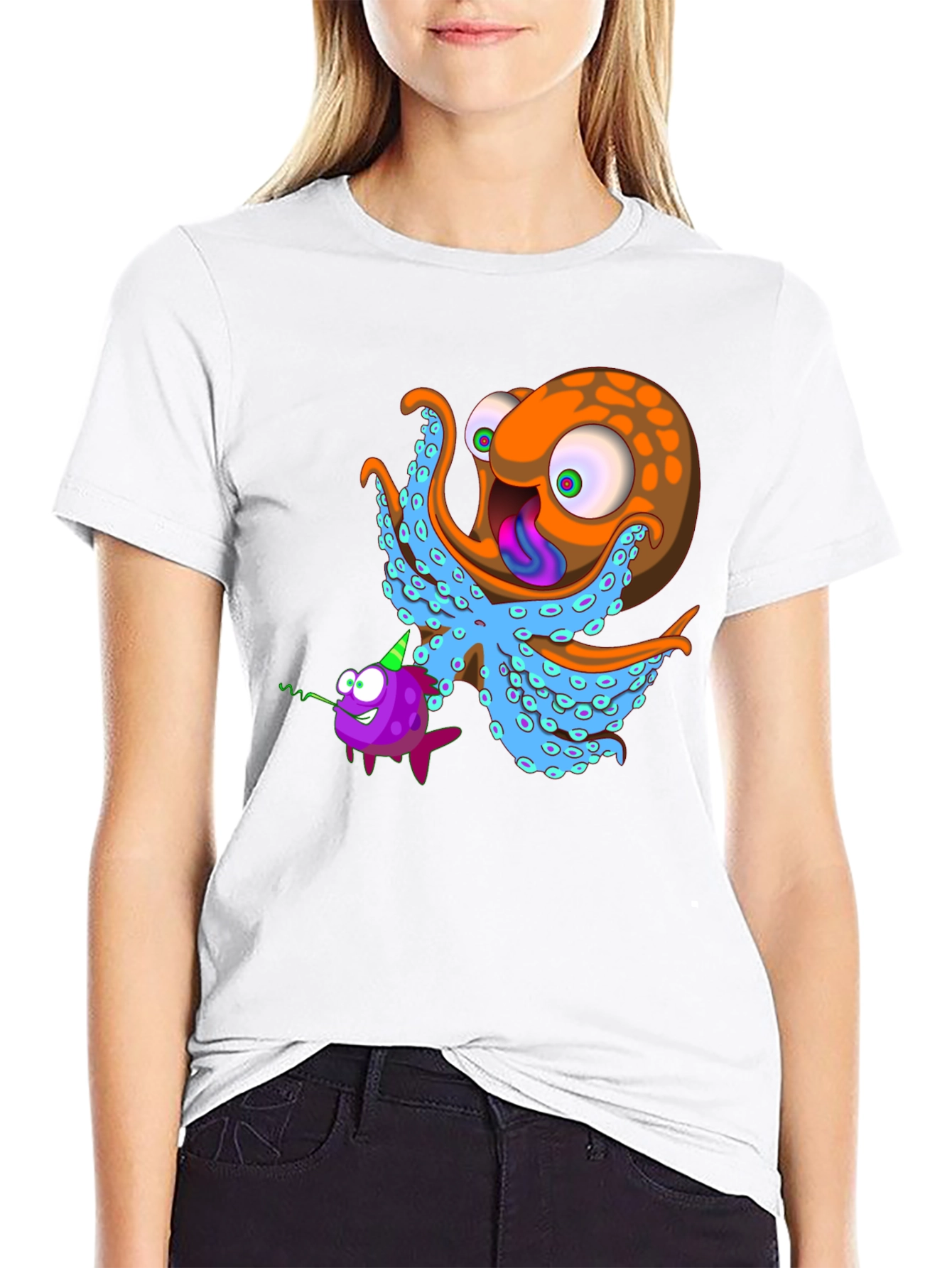 Black Octopus & Fish Graphic Tee - Unique Cartoon Design view 9