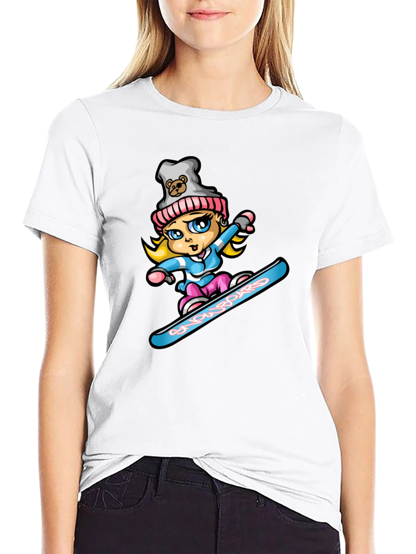 Black Snowboard Girl T-Shirt - Cartoon Graphic Tee view 9
