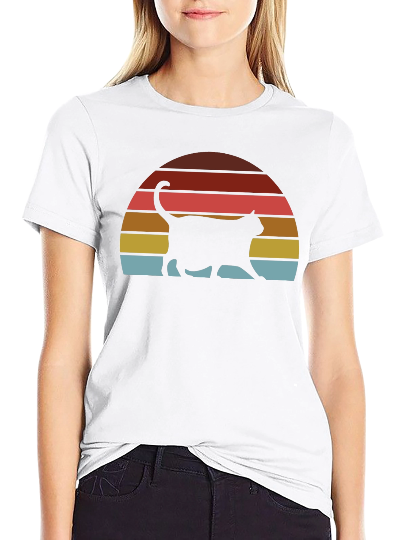 Black Retro Cat Sunset T-Shirt - Classic Design view 9