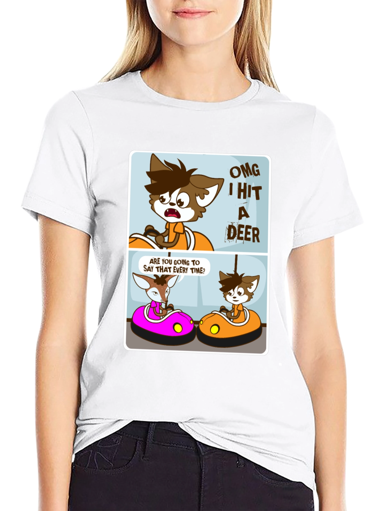 Black Cartoon Deer Bumper Cars Black T-Shirt view 9