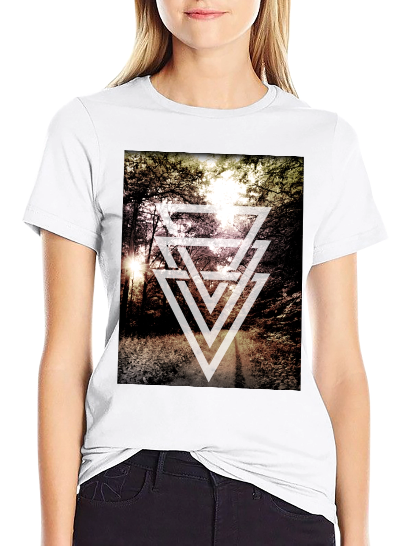 Black Geometric Forest Print T-Shirt - Modern Style view 9
