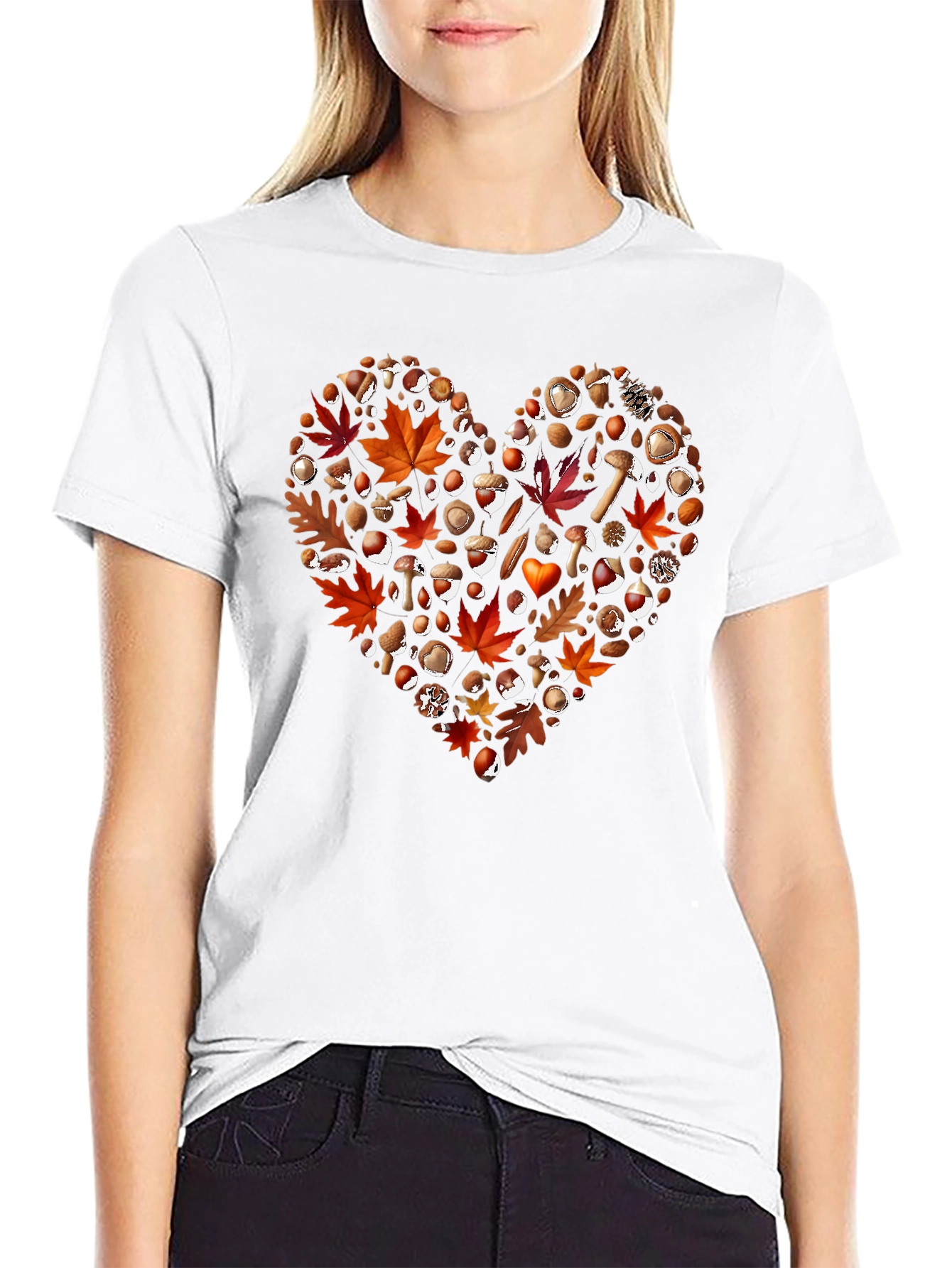 Black Autumn Love T-Shirt: Fall Leaves & Mushrooms view 9