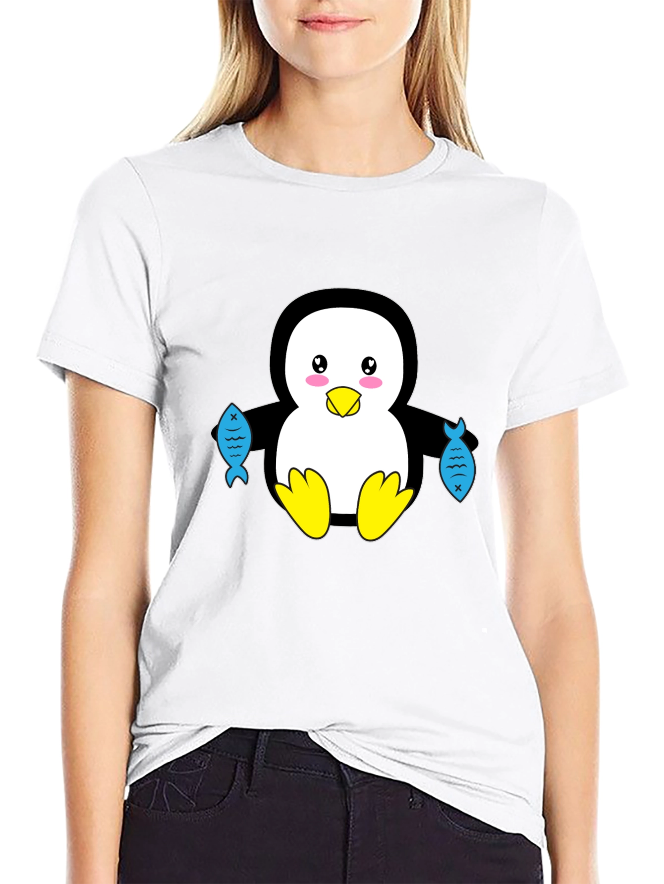 Black Cute Penguin Holding Fish Graphic T-Shirt view 9