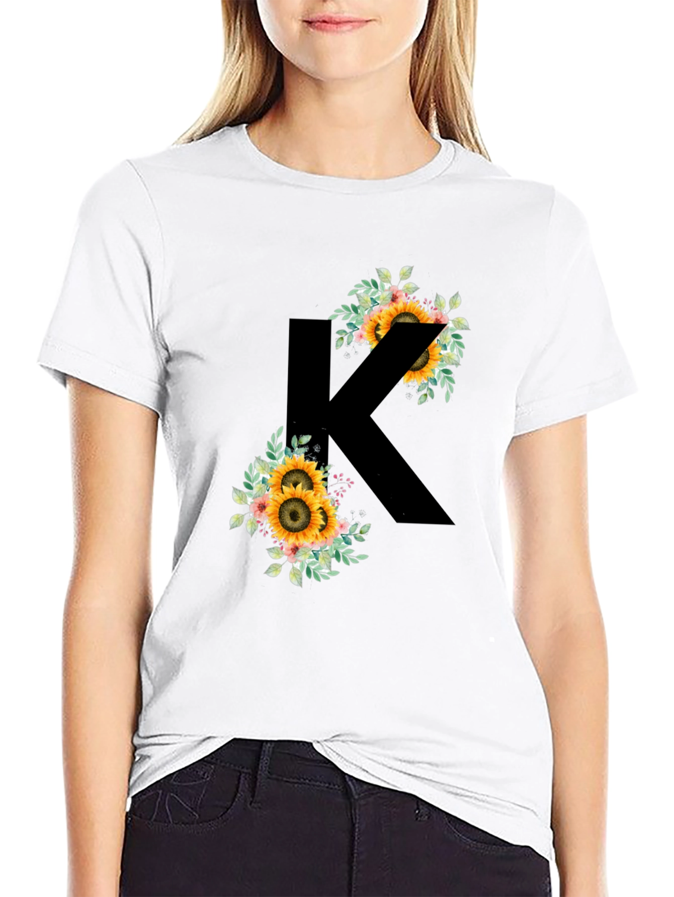 Sunflower Letter K Black T-Shirt - 9