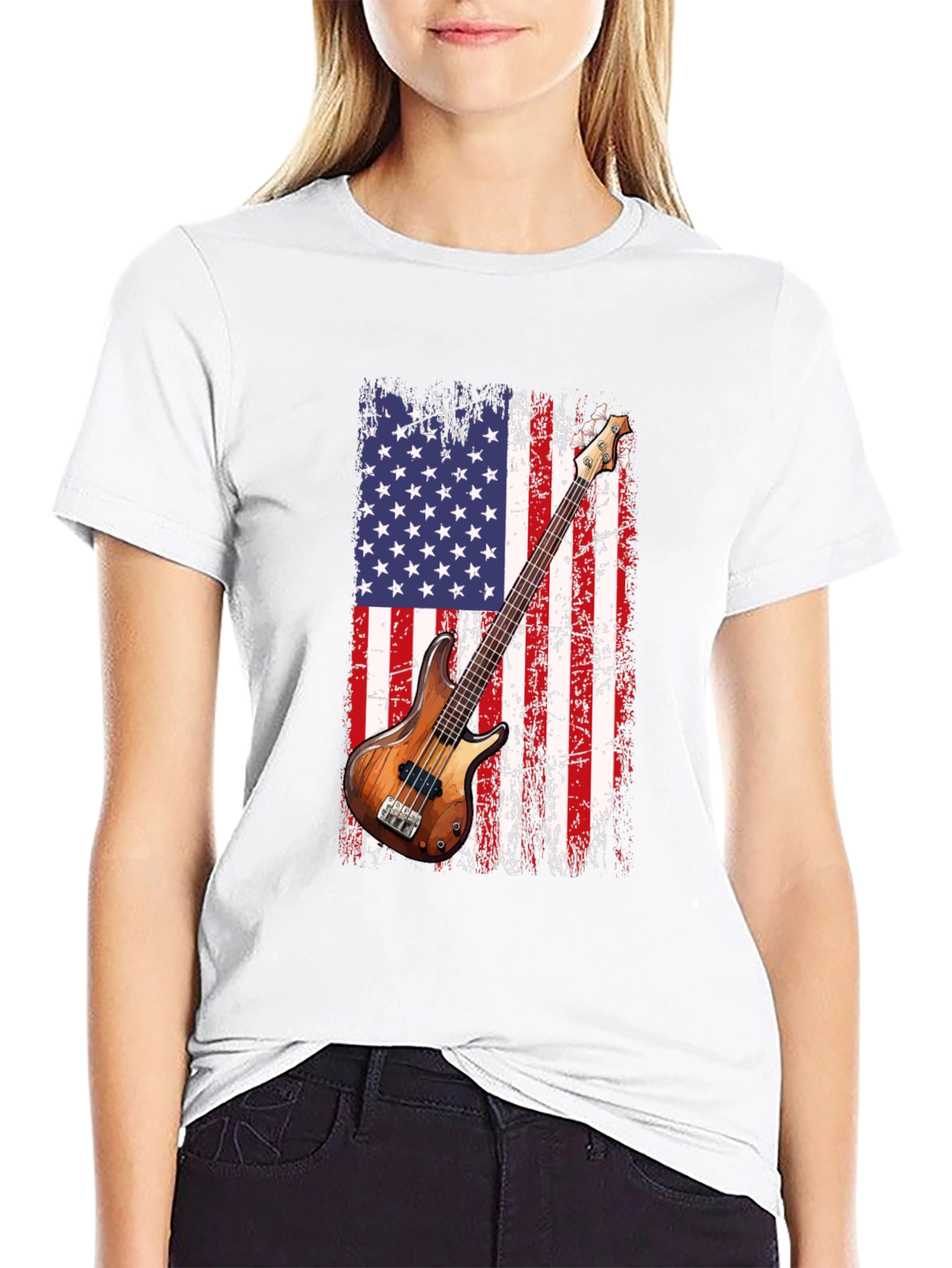Black USA Flag Bass Guitar T-Shirt view 9