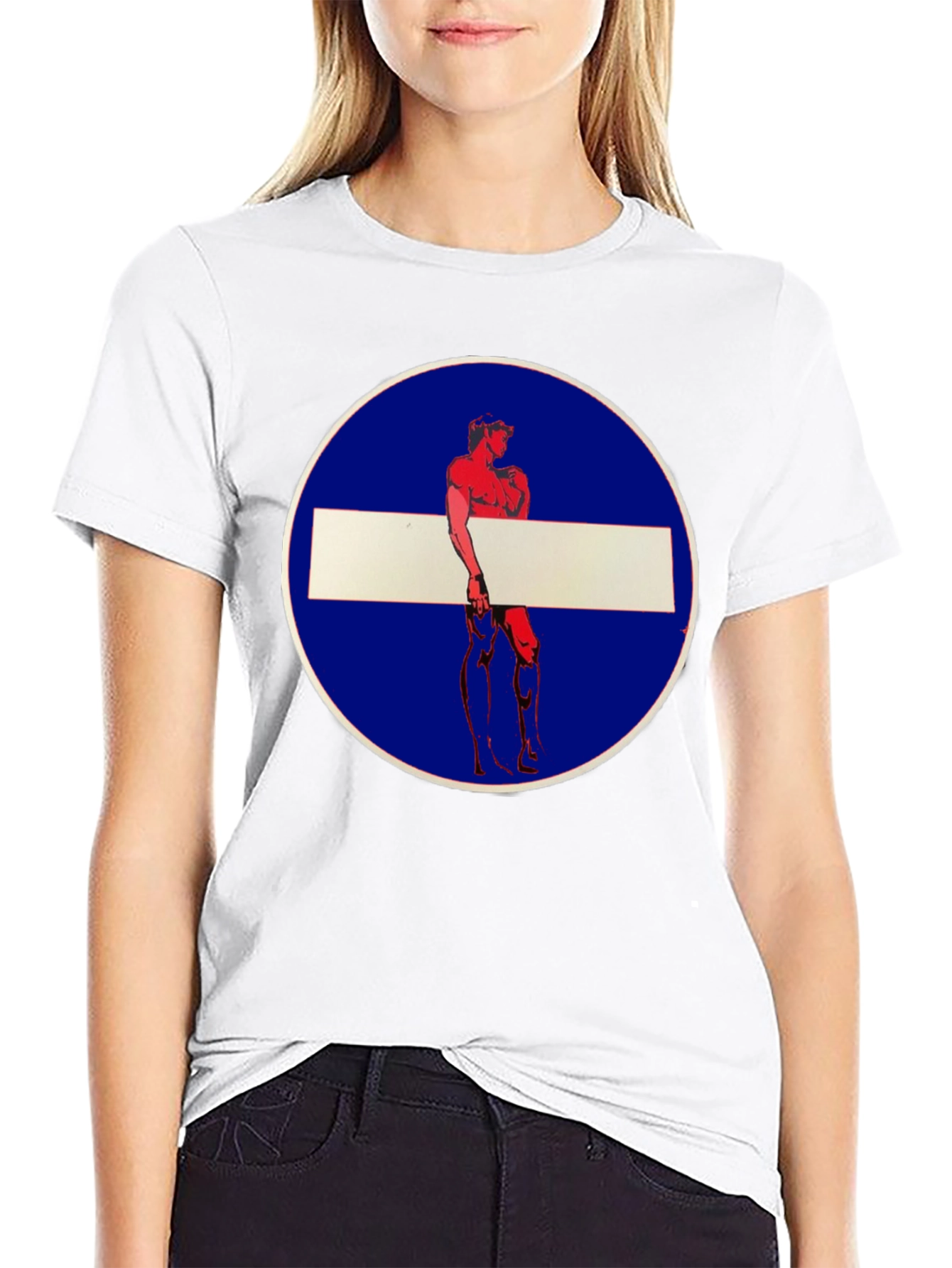 Black Novelty Graphic Tee: Muscle Man Circle Stop Sign Design view 9