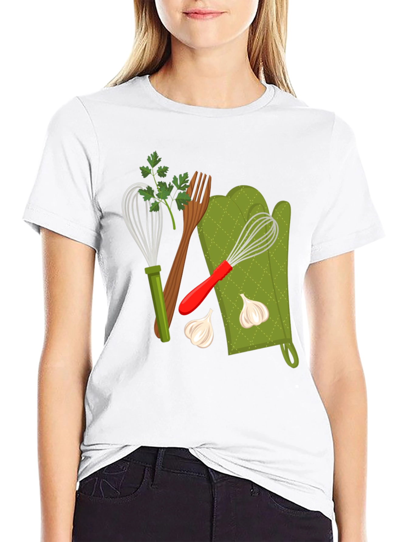 Black Cooking Lover Graphic T-Shirt: Whisk, Fork, and Garlic Design view 9
