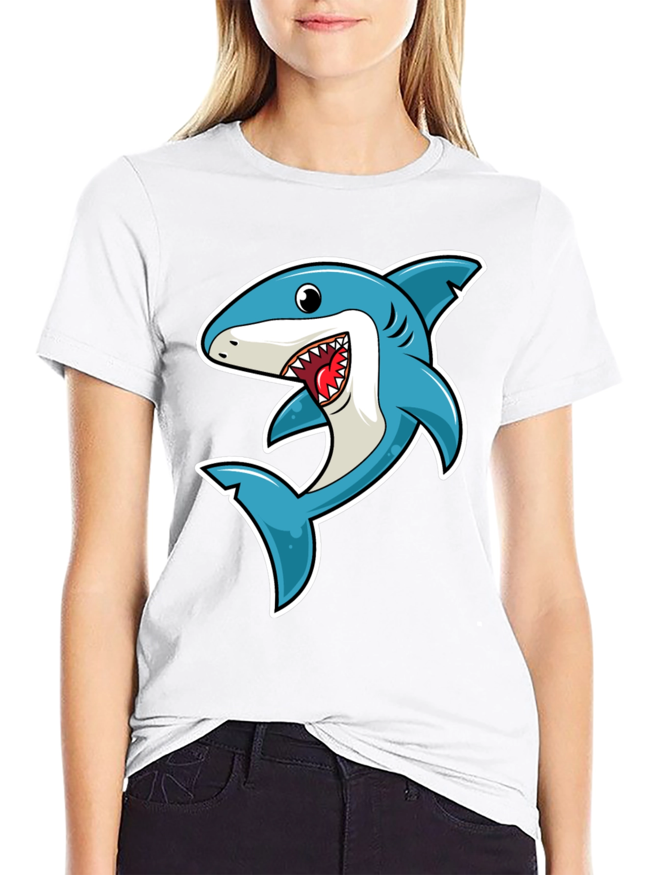 Black Shark Cartoon Graphic Tee - Black Cotton T-Shirt view 9