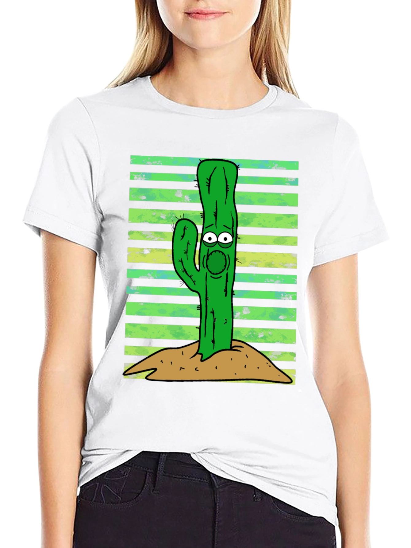 Black Cartoon Cactus Graphic Tee - Unisex Black T-Shirt view 9