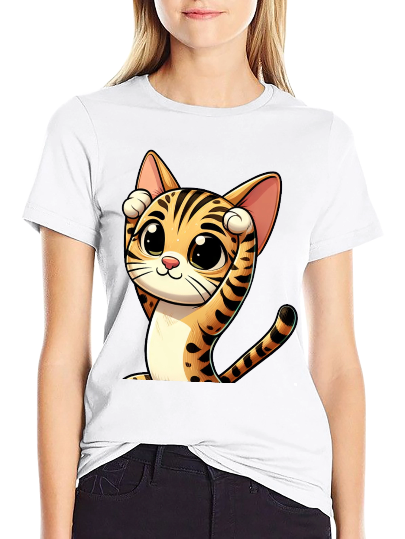 Black Cute Cartoon Cat Graphic Black T-Shirt view 9