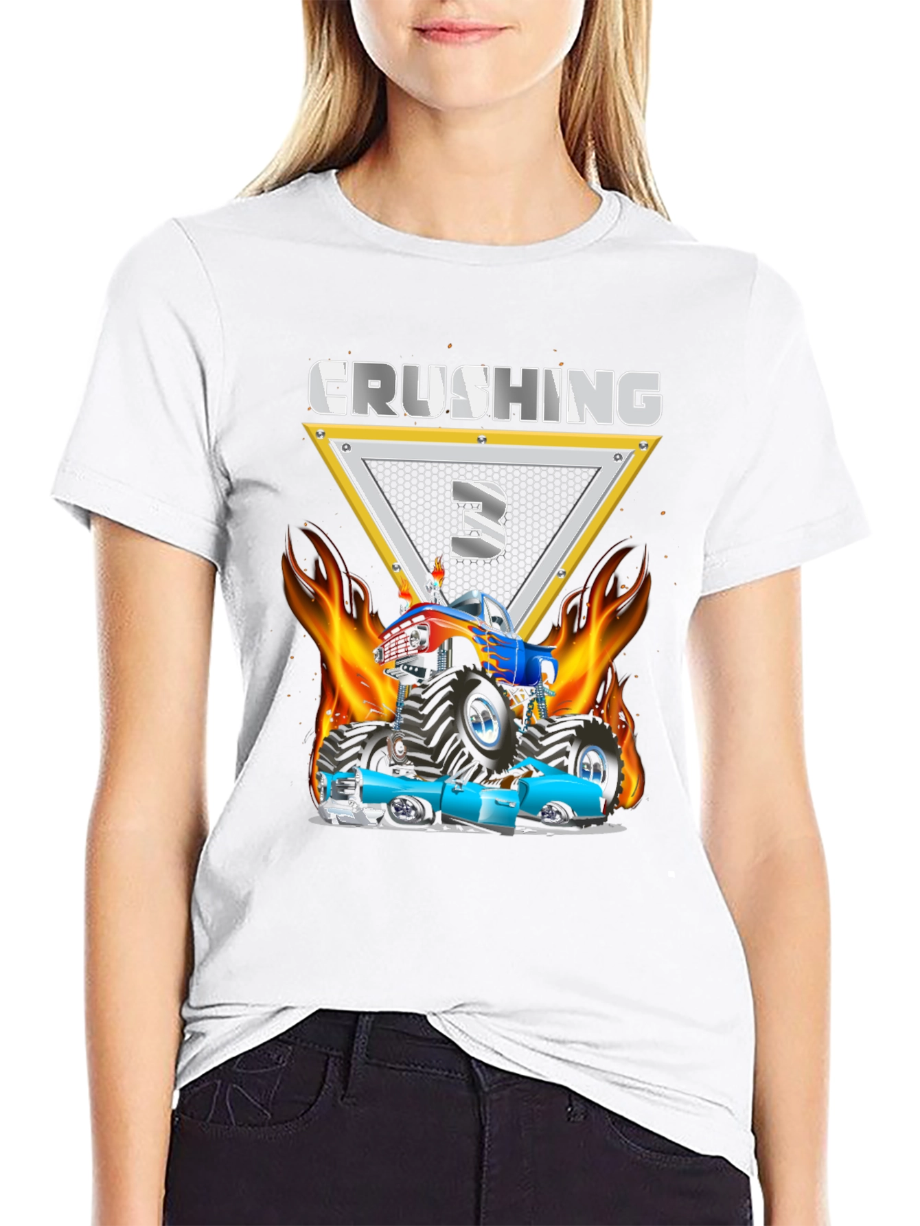 Black Crushing Three Monster Truck Birthday T-Shirt view 9