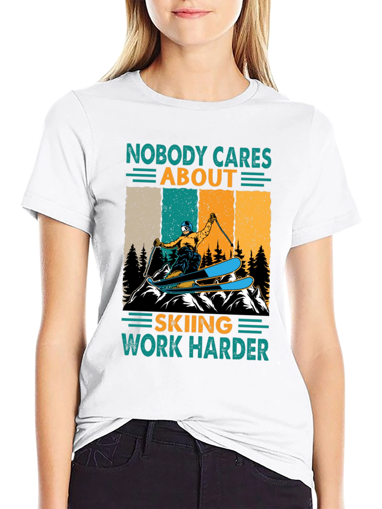 Black Skiing T-Shirt - Nobody Cares, Work Harder Graphic Tee view 9