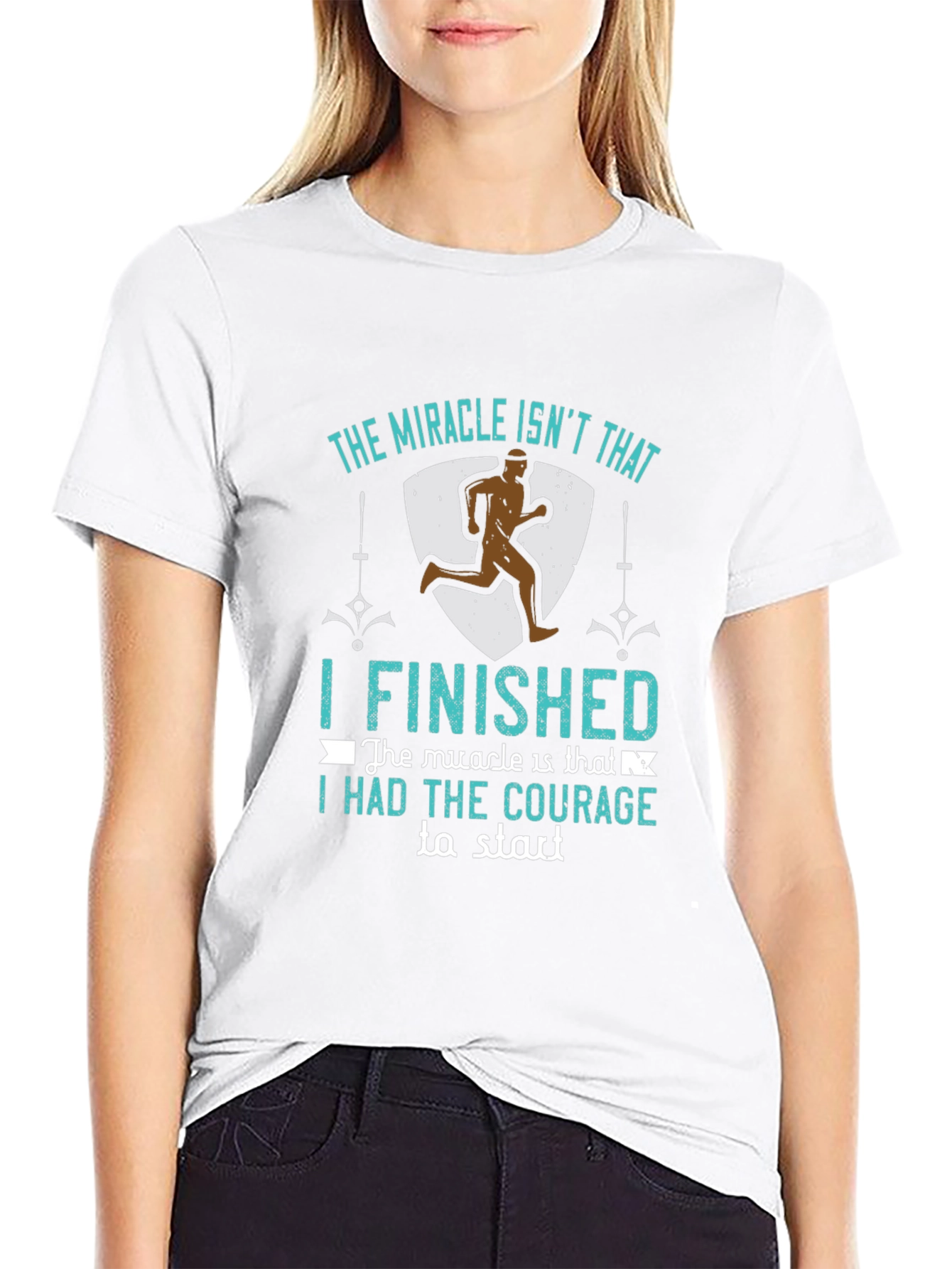 Black Inspirational Runner T-Shirt: "The Miracle Isn't That I Finished..." view 9