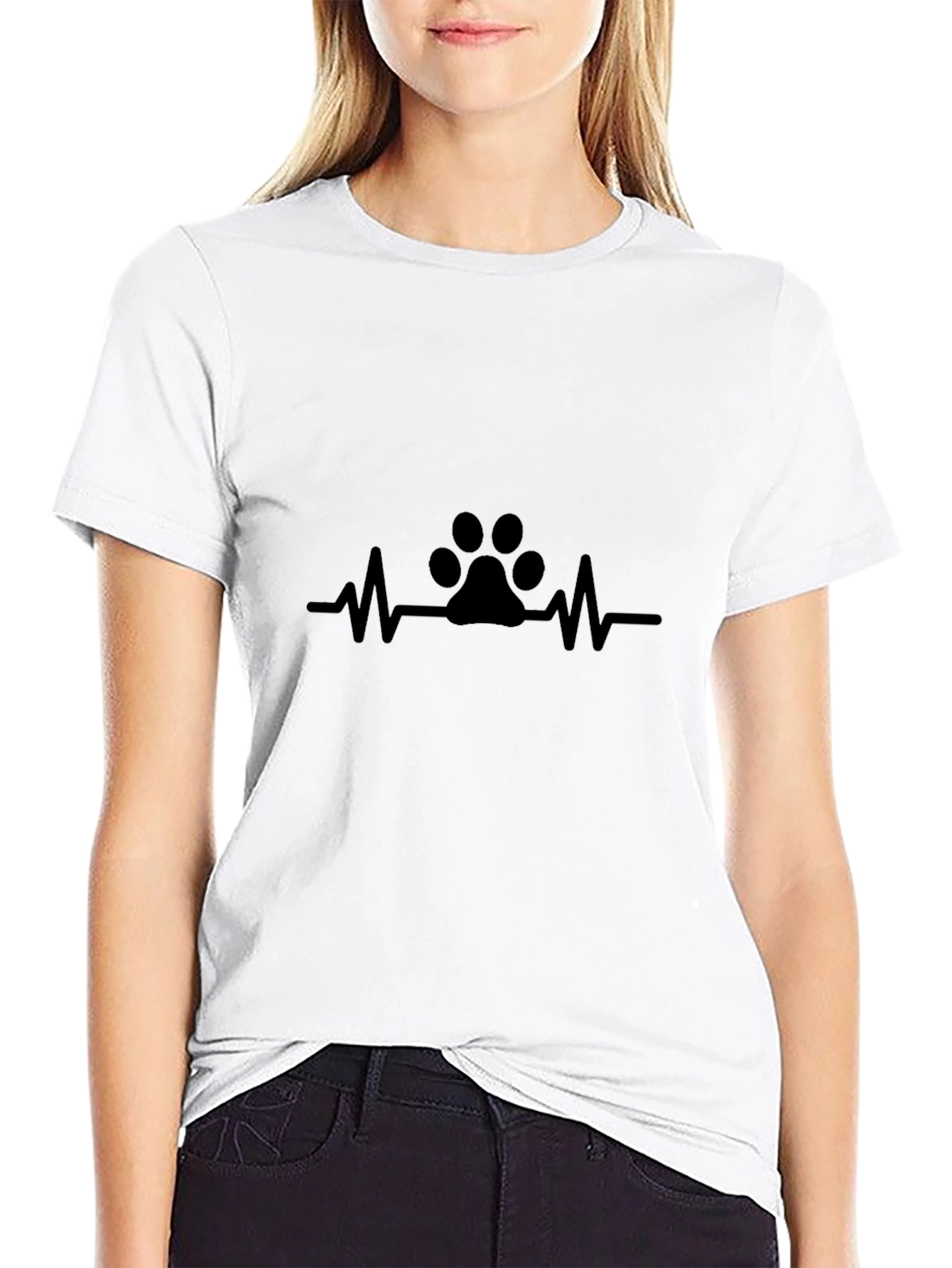 Black Paw Print Heartbeat T-Shirt - Black, Casual Cotton Tee view 9
