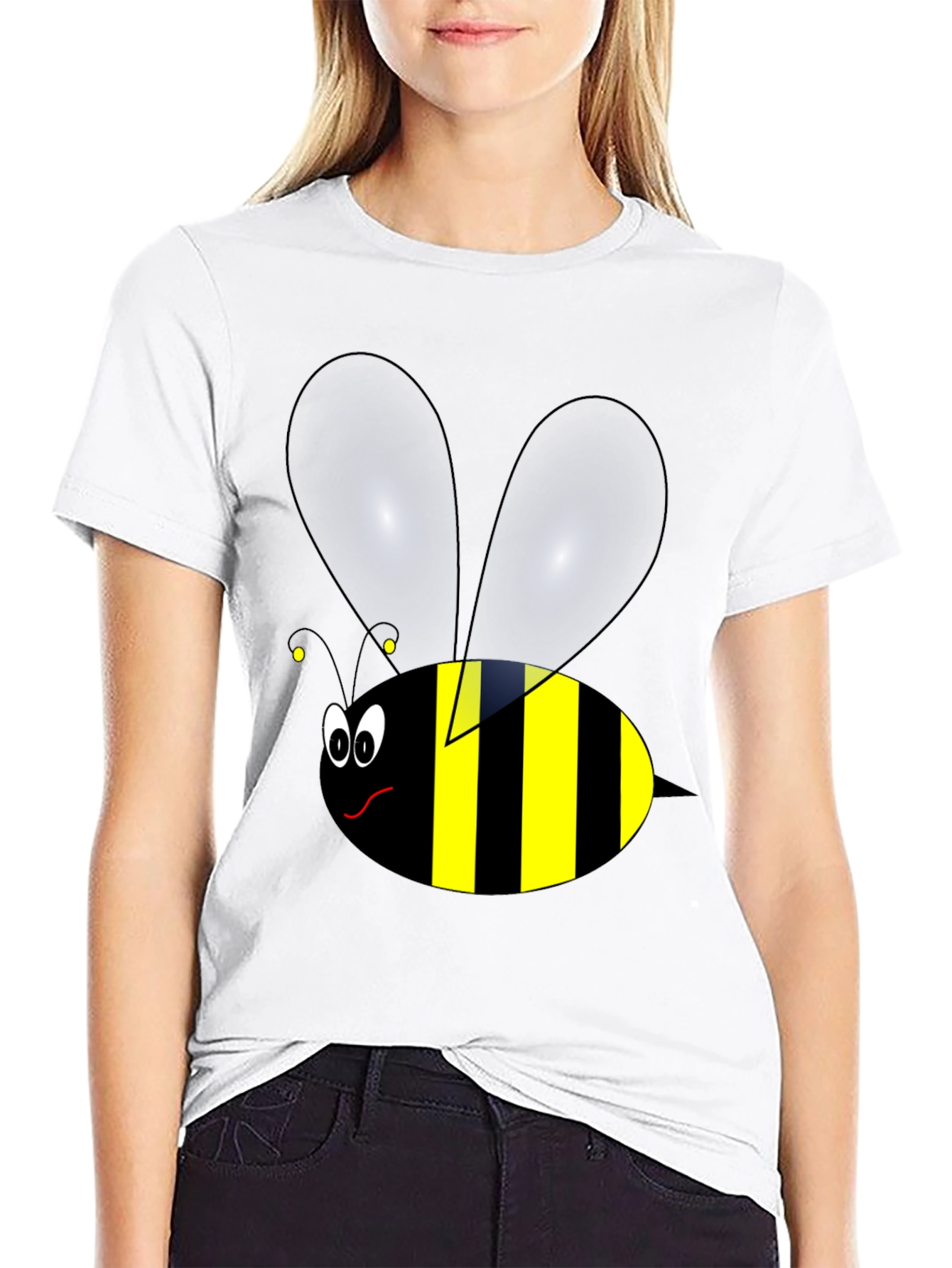 Black Funny Cartoon Bee Graphic Tee - Black Cotton view 9