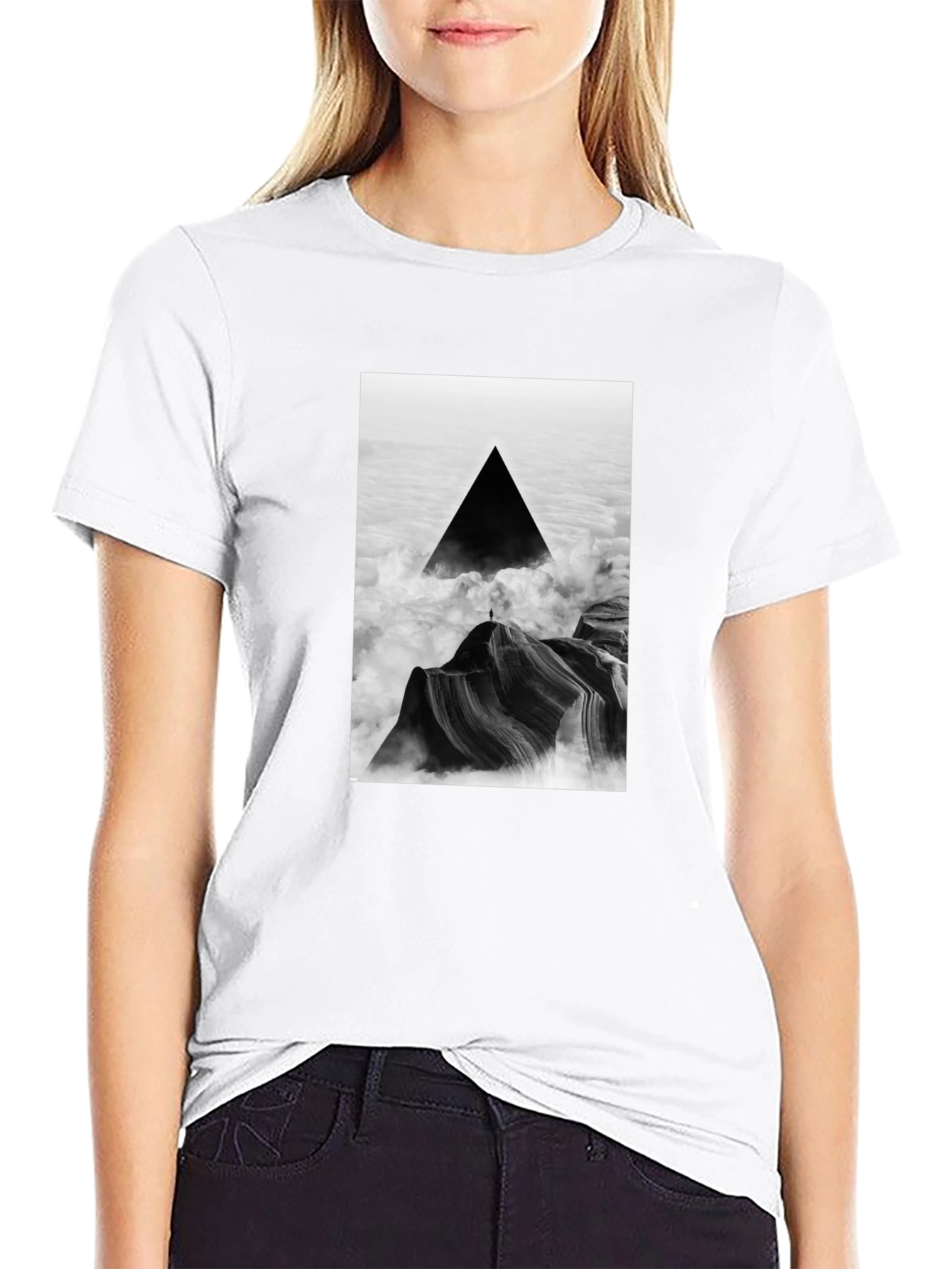 Black Black T-Shirt with Abstract Triangle Mountain Design view 9