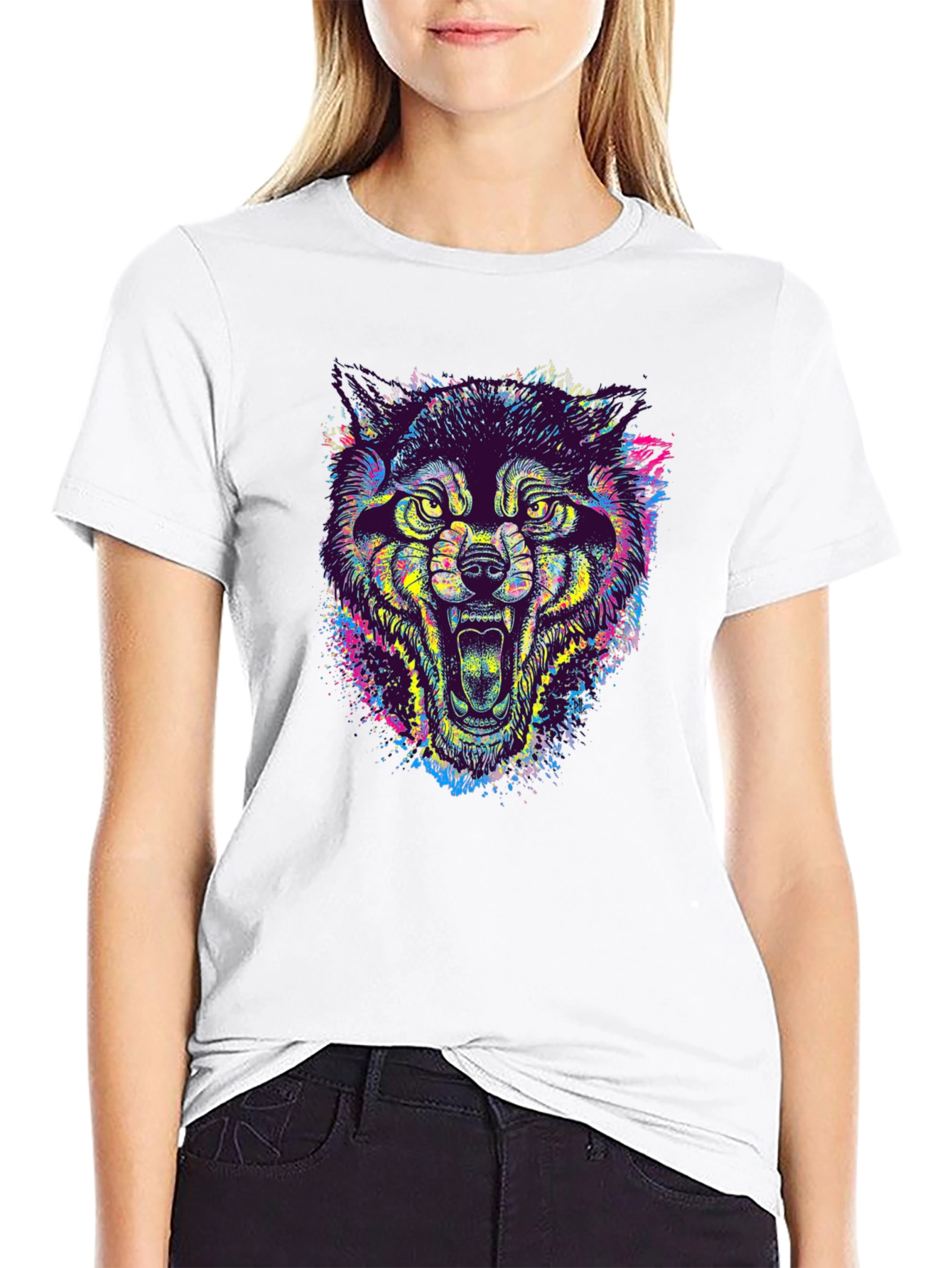 Black Colorful Wolf Graphic Tee - Unique Animal Print T-Shirt view 9