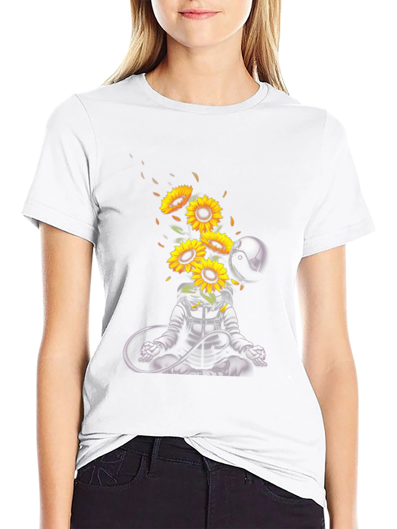 Black Meditating Astronaut with Sunflowers Graphic T-Shirt view 9