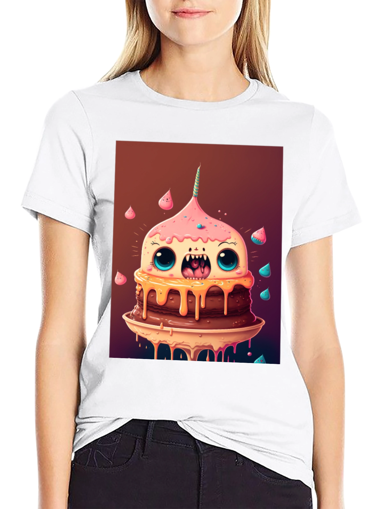 Black Monster Cake Graphic Tee - Unique Cartoon T-Shirt view 9