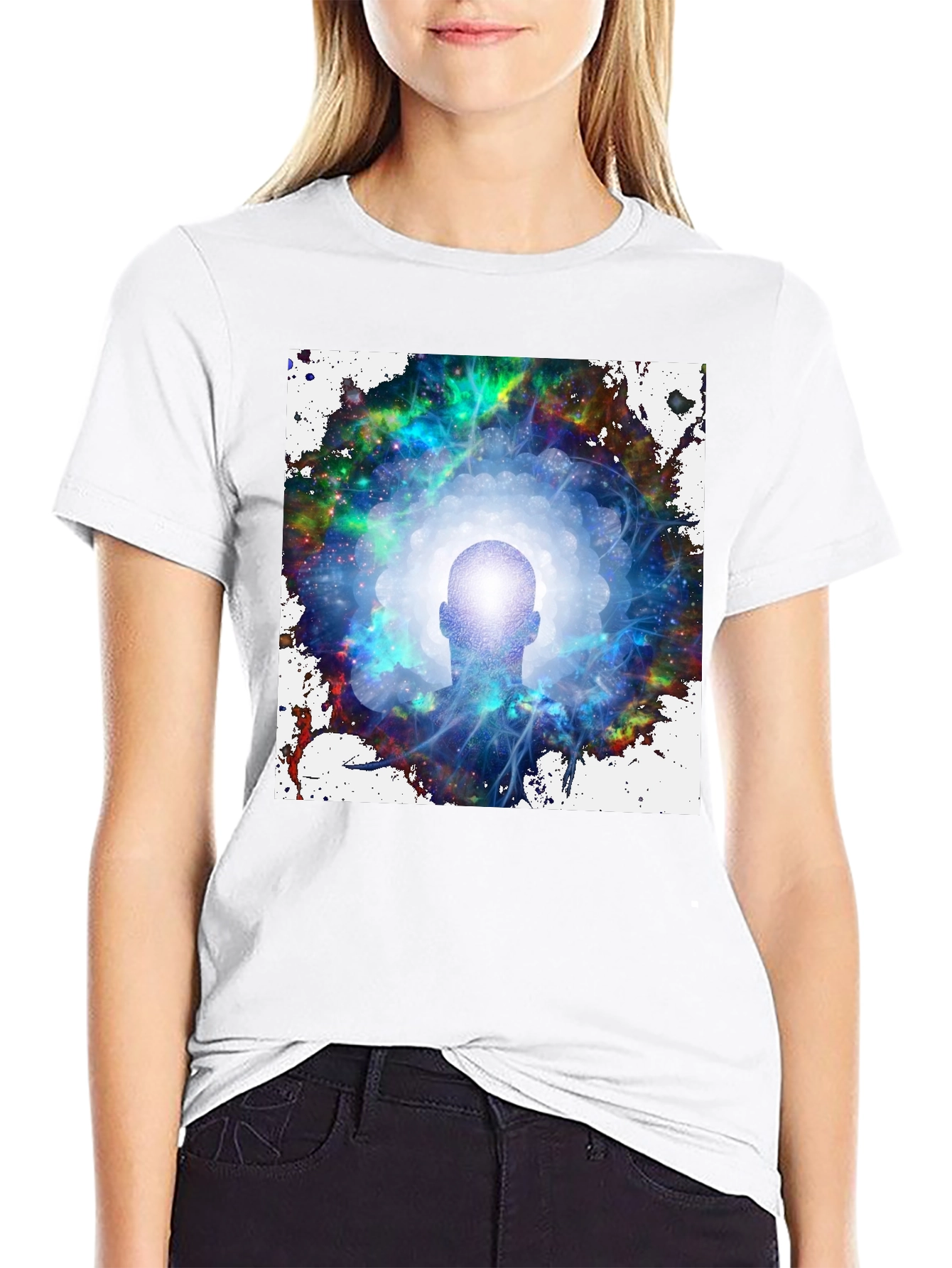Black Mystical Head in Galaxy Men's Black T-Shirt view 9