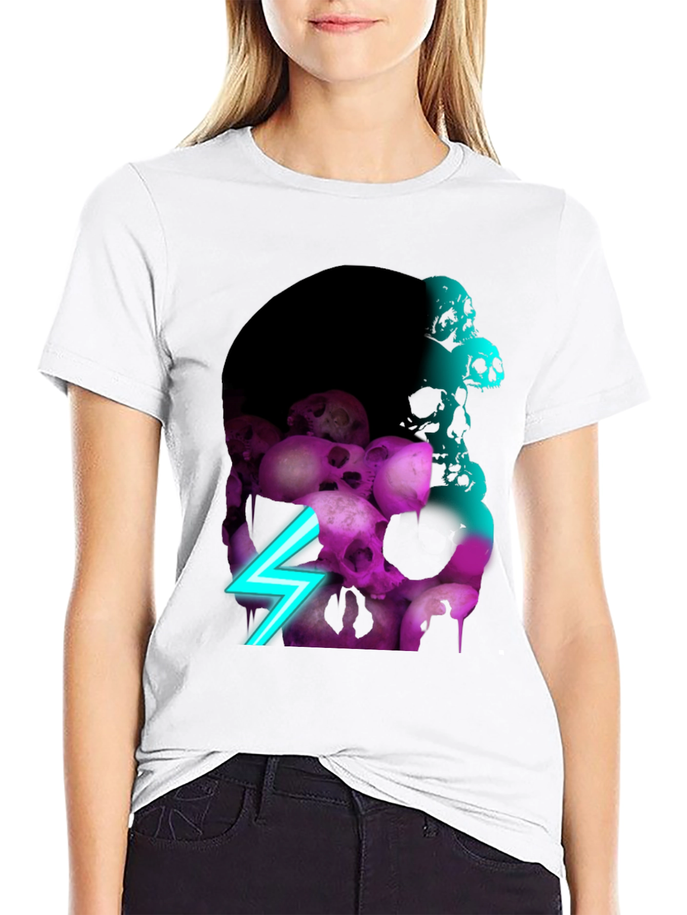 Black Skull Pile Graphic Tee - Neon Lightning Bolt Design view 9