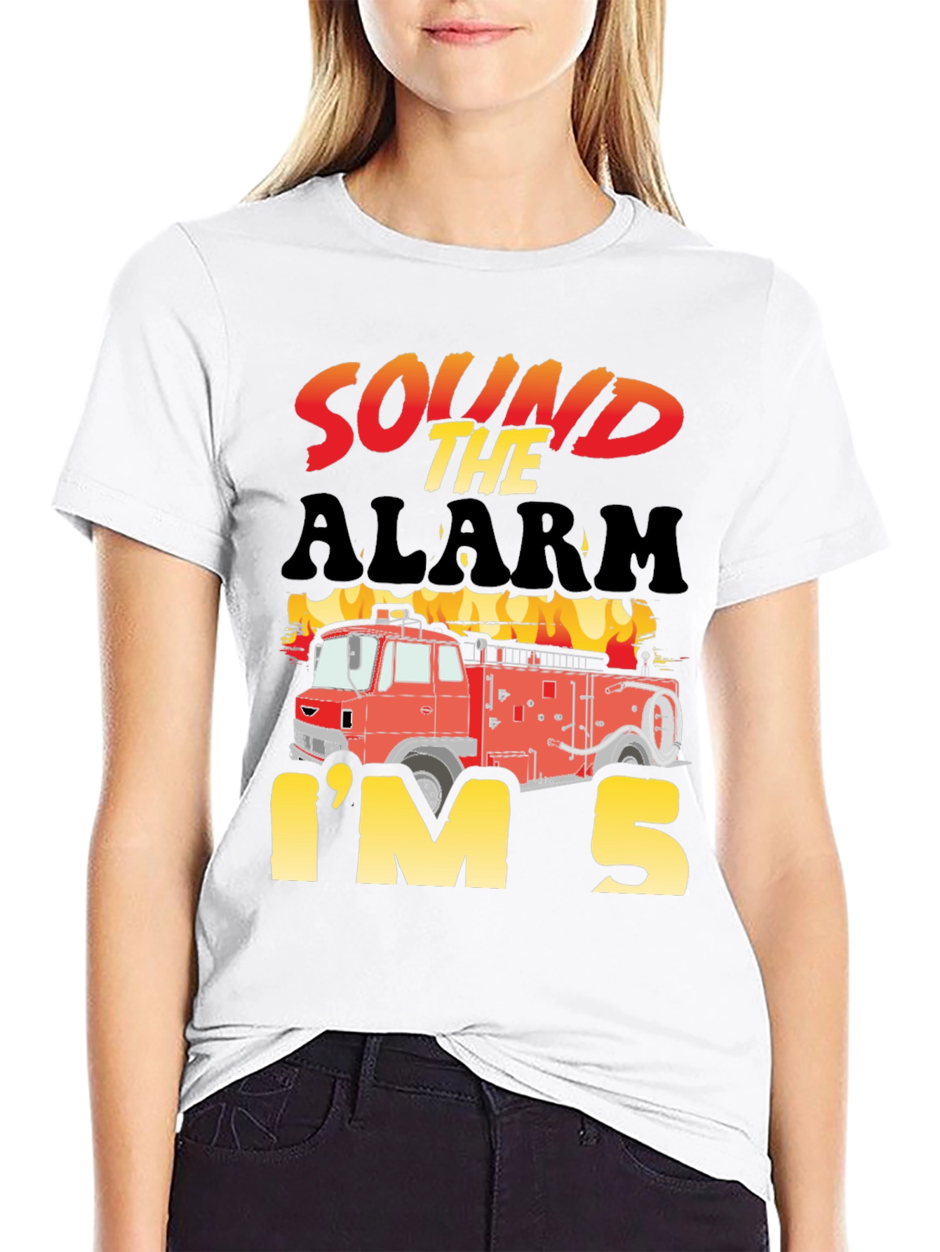 Black Sound the Alarm, I'm 5! Fire Truck Kids Birthday T-Shirt view 9