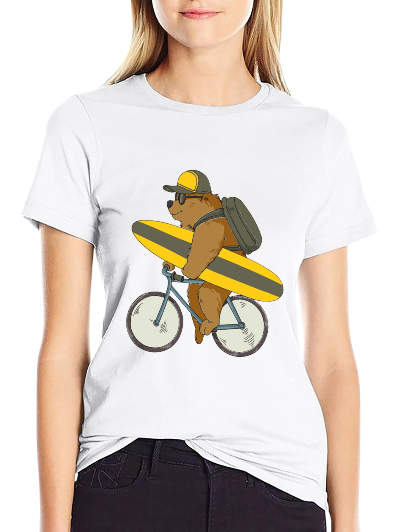Black Bear on Bike T-Shirt - Surfing Bear Tee view 9