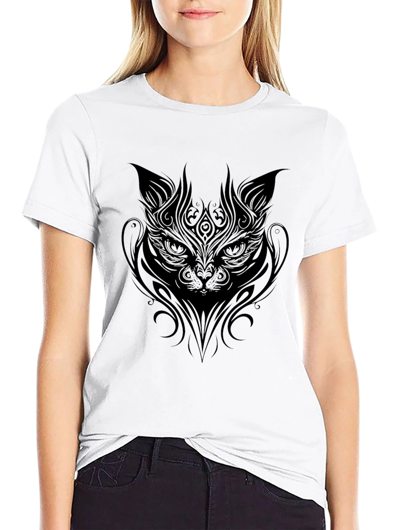 Black Tribal Cat Graphic Black T-Shirt view 9