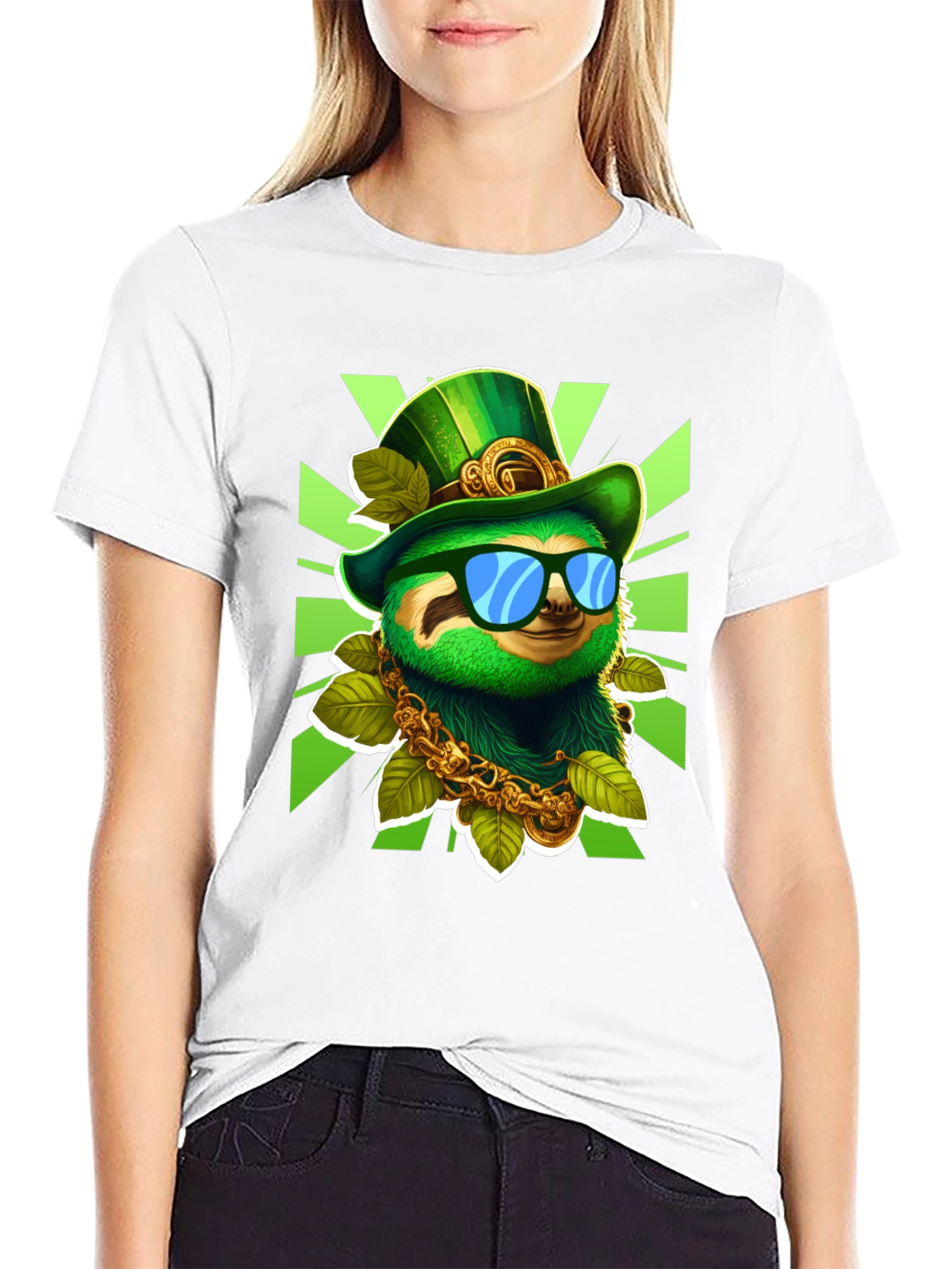 Black Lucky Sloth St. Patrick's Day T-Shirt view 9