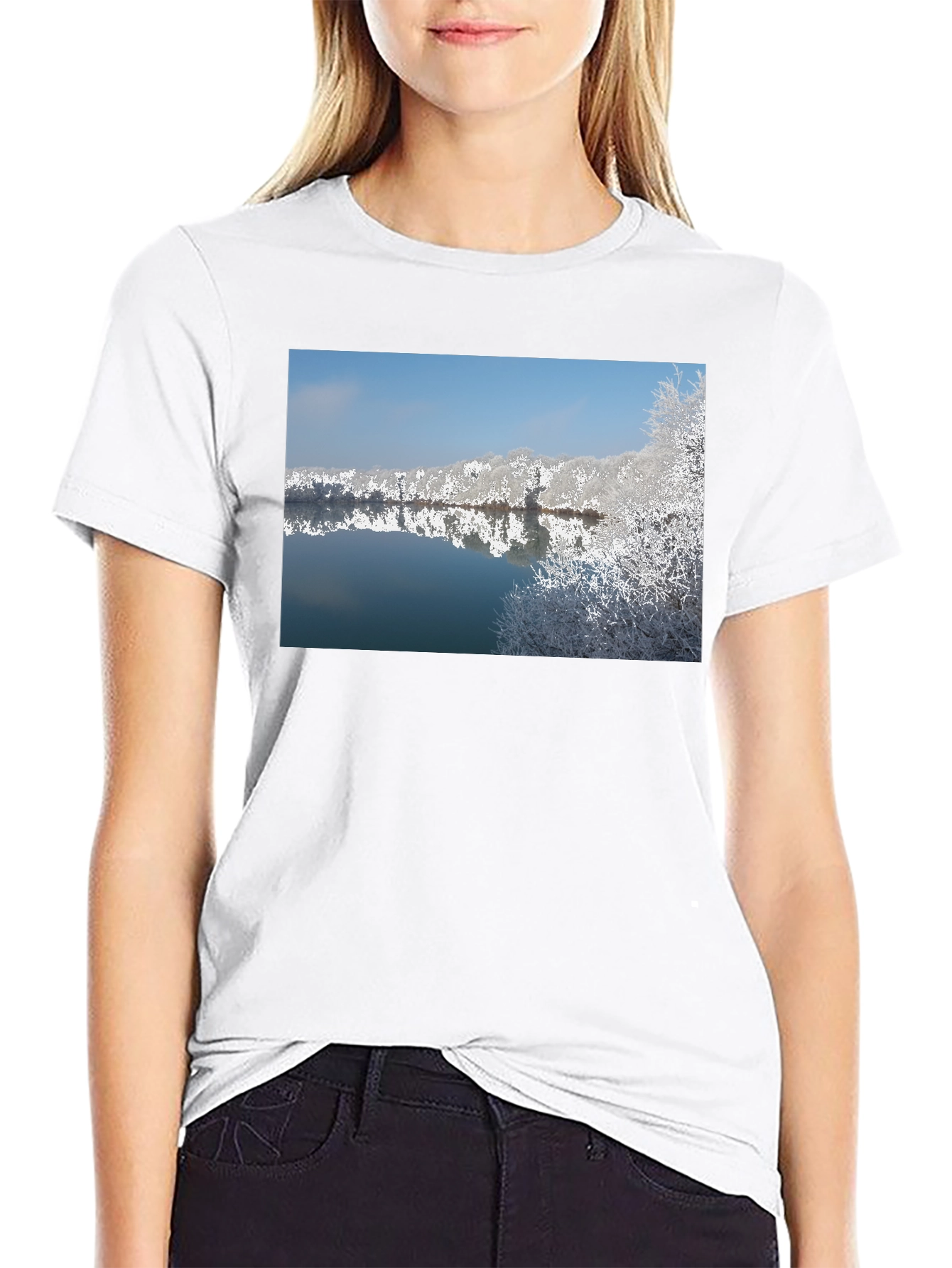 Black Winter Lake Reflection Black T-Shirt view 9