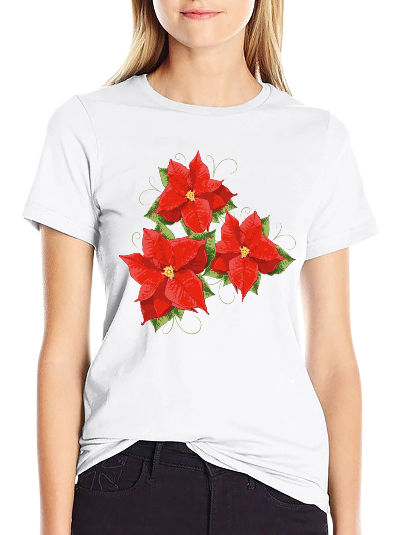 Black Floral Poinsettia Graphic Tee - Holiday Style view 9